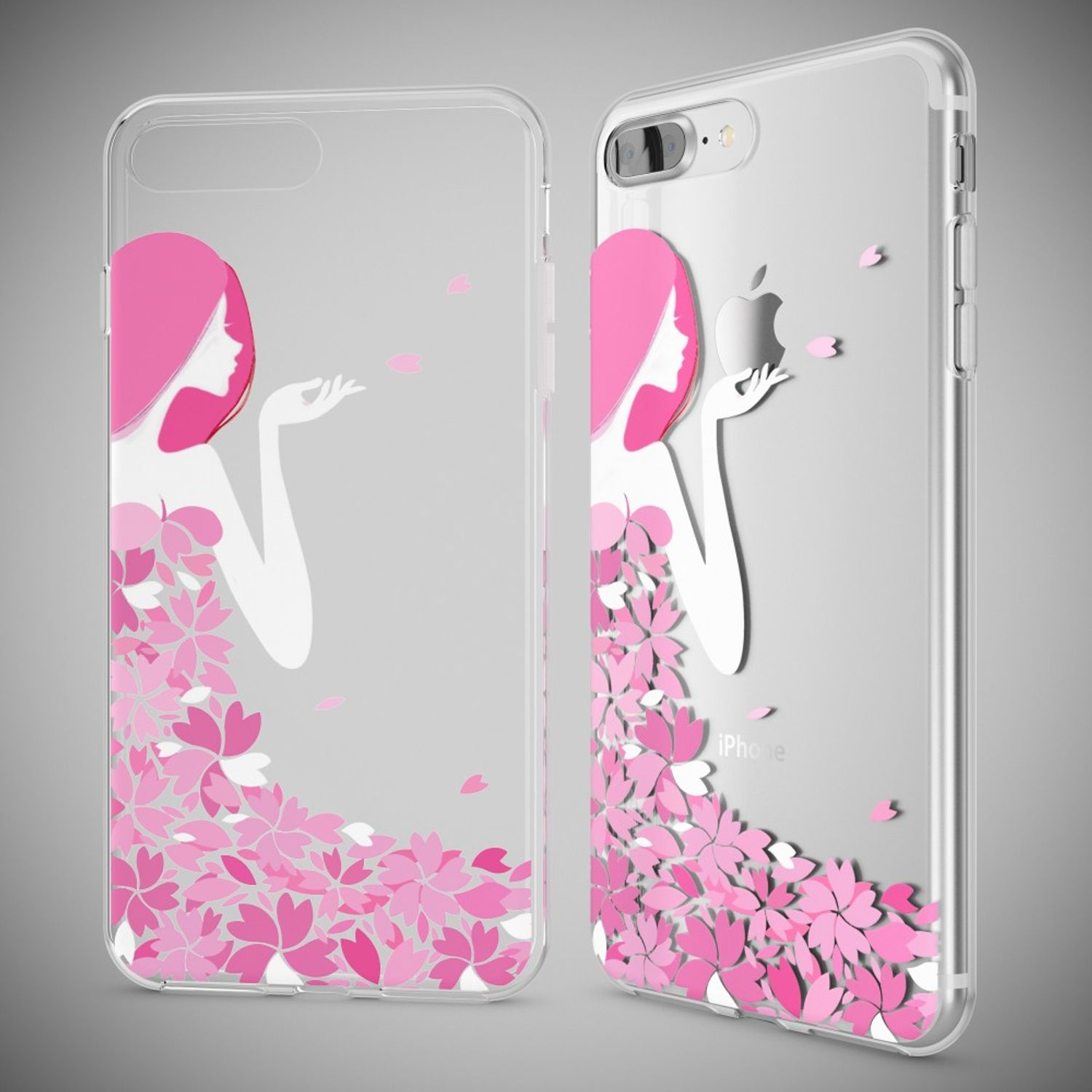 Transparente Hülle mit rosa Kirschblüten und Mädchenprofil.