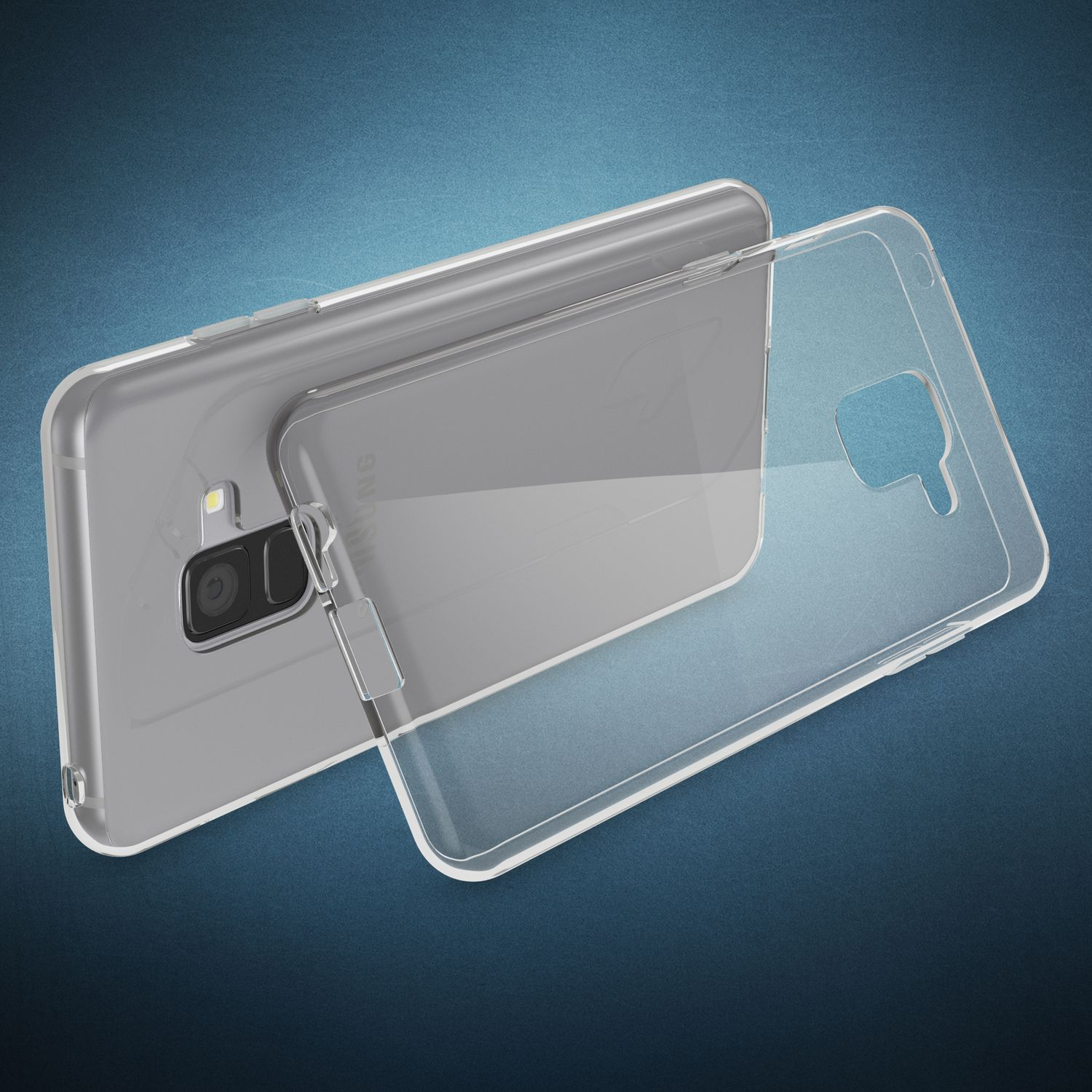 Una funda transparente para teléfono yace junto a un smartphone sobre fondo azul.