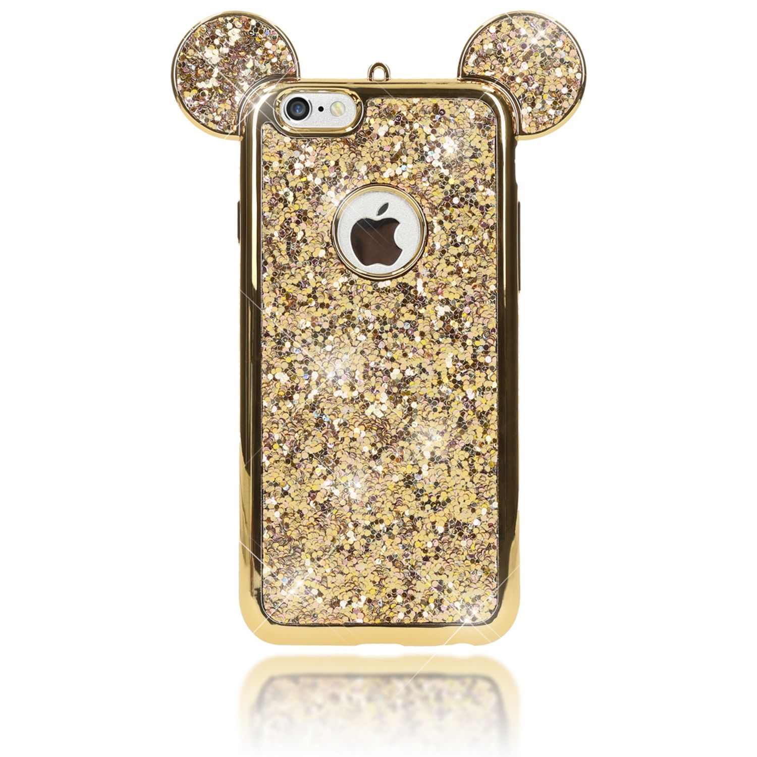 Goldener iPhone-Schutz mit Glitzer und Mausohren.