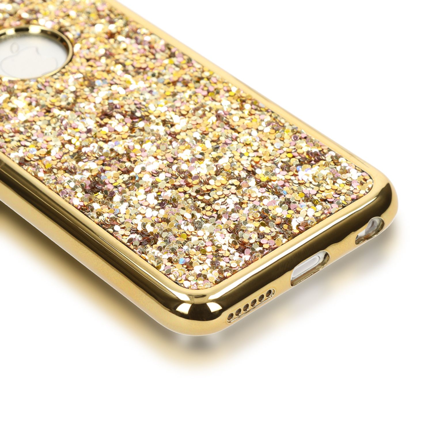 Goldene Handyhülle mit Glitzerakzenten und Aussparungen für Anschlüsse und Kamera.
