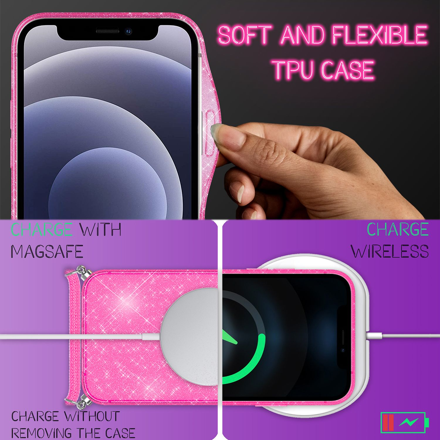 Una mano tiene una custodia rosa scintillante per iPhone con un telefono all'interno.