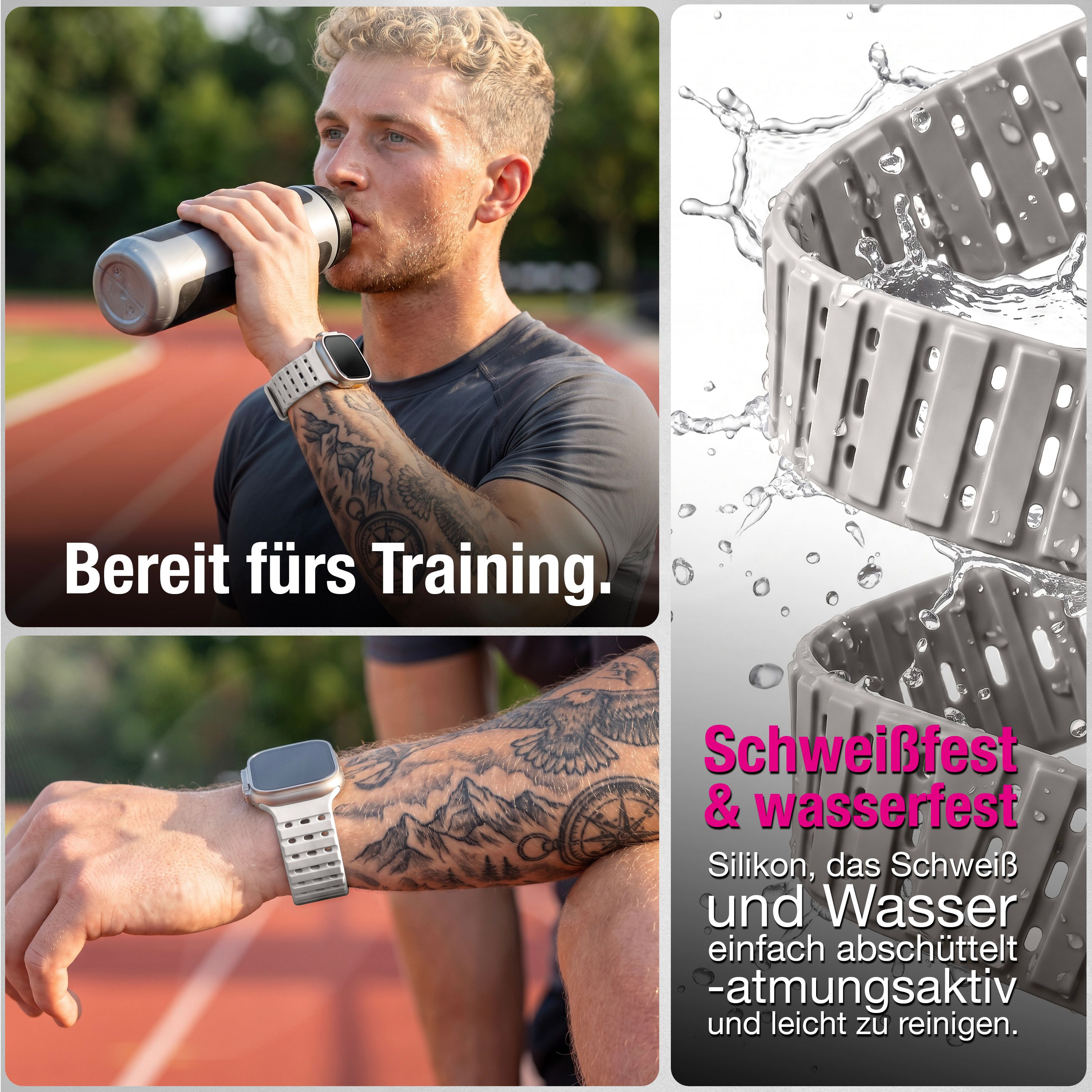 Uomo beve da borraccia su pista. Braccio con tatuaggi e orologio. Cinturino silicone grigio con acqua.