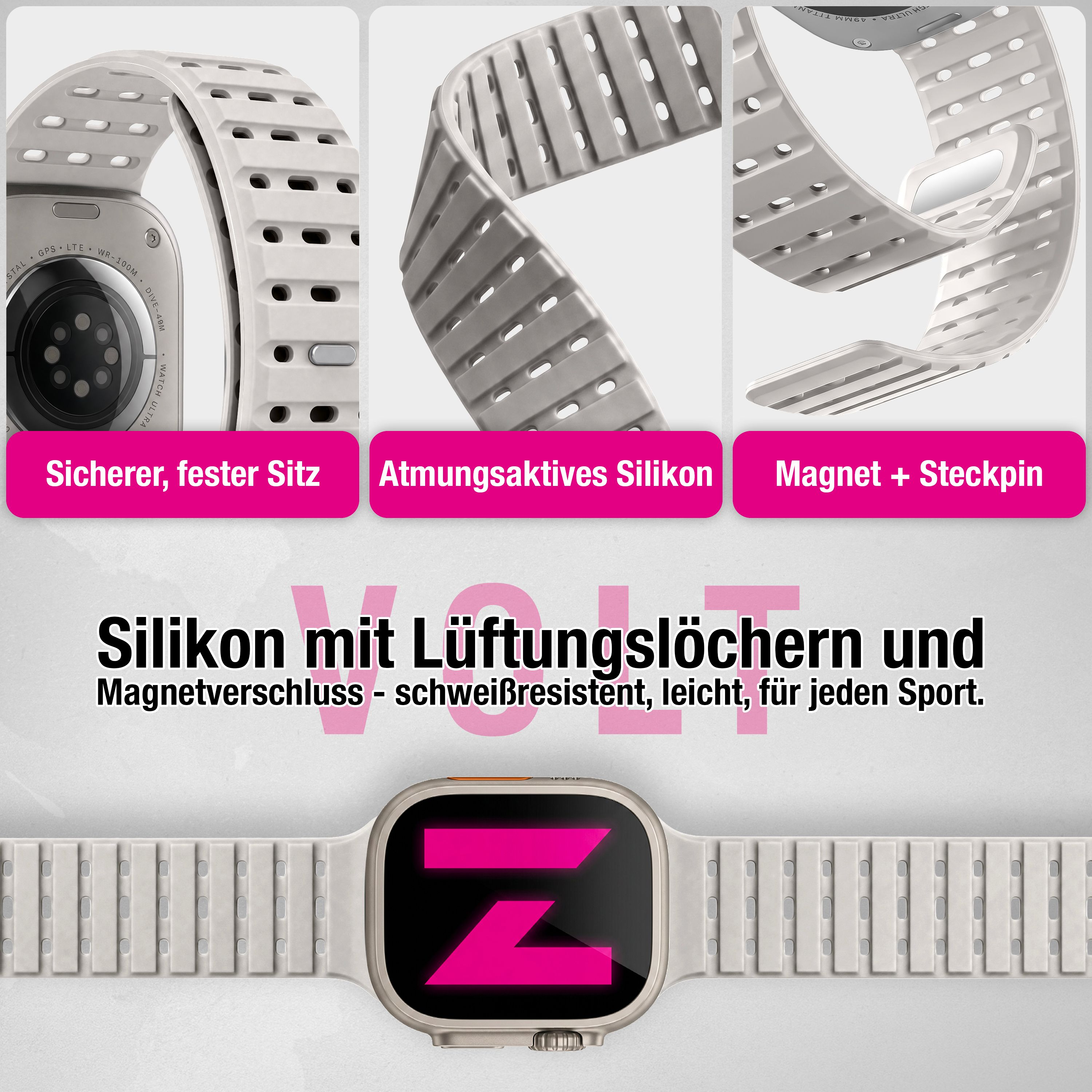 Cinturino in silicone grigio con fori, chiusura magnetica, per orologio sportivo.