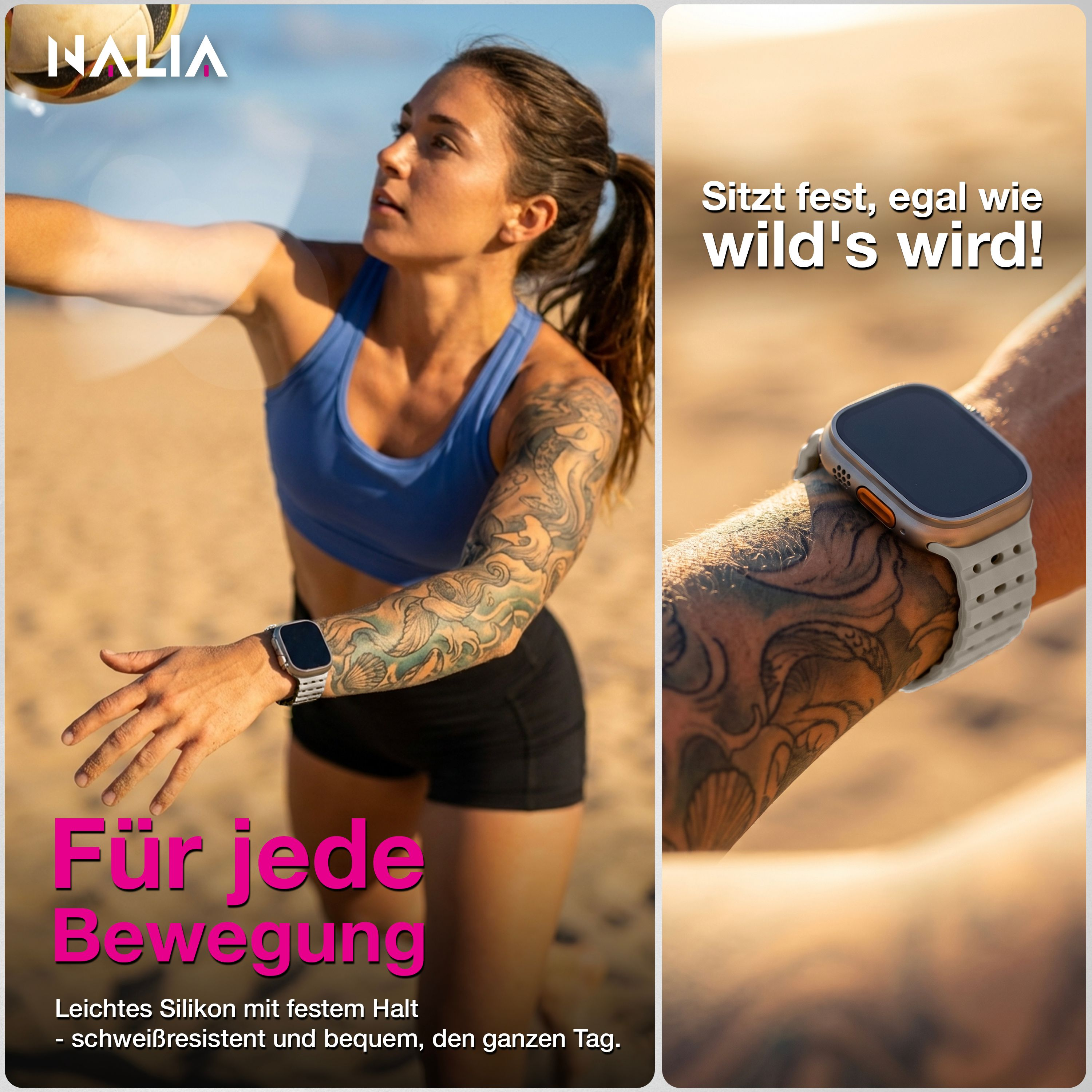 Donna con tatuaggi gioca a pallavolo, indossa un orologio. Testo in tedesco.