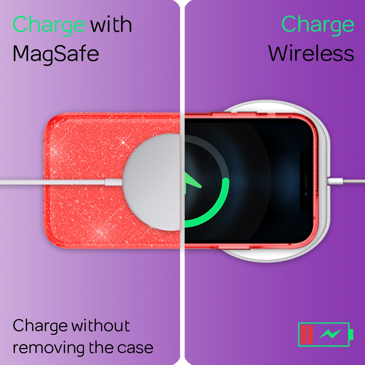 iPhone rosso con caricatore MagSafe e indicatore di carica.