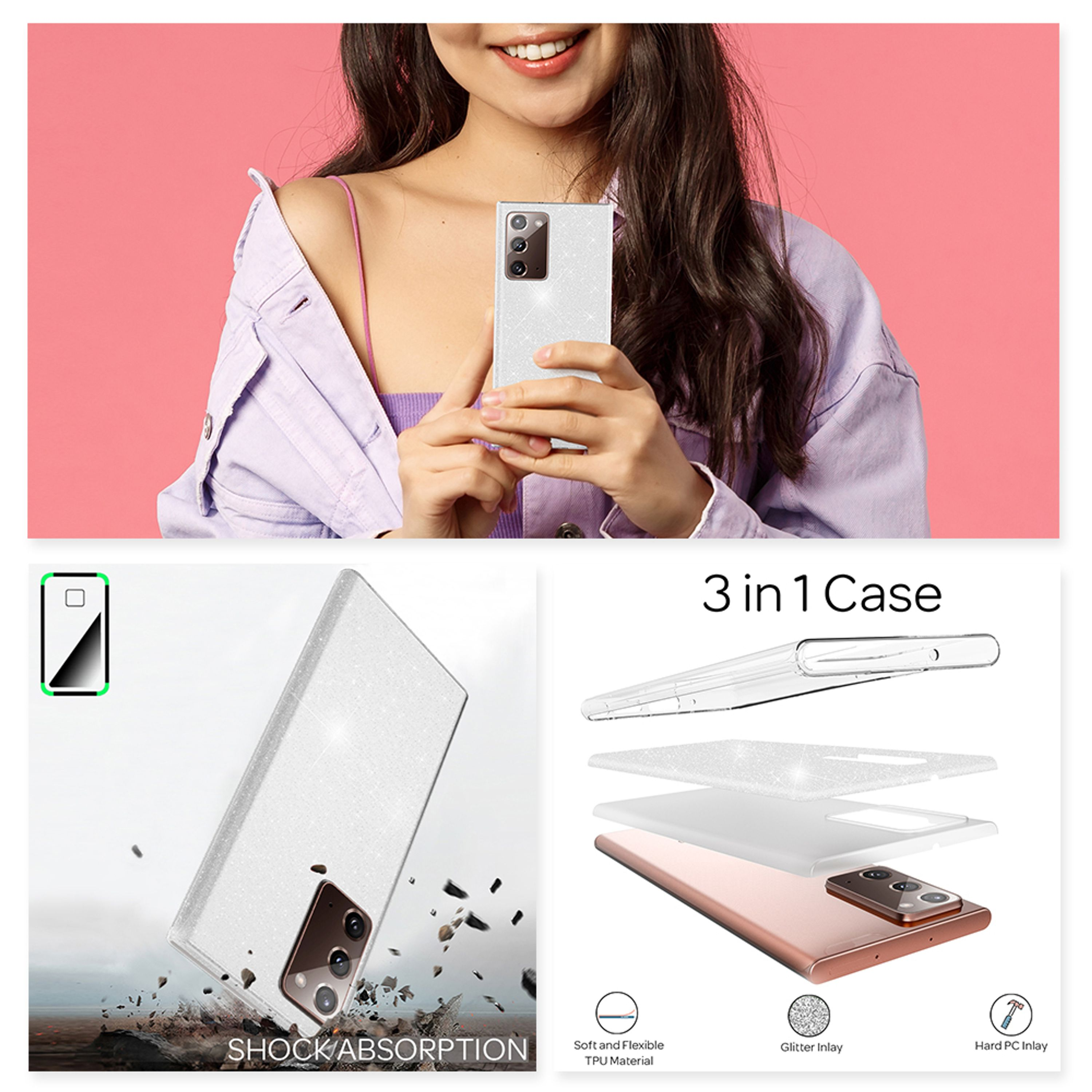 Glitzernde Handyhülle mit Stoßabsorption und 3-in-1-Design.