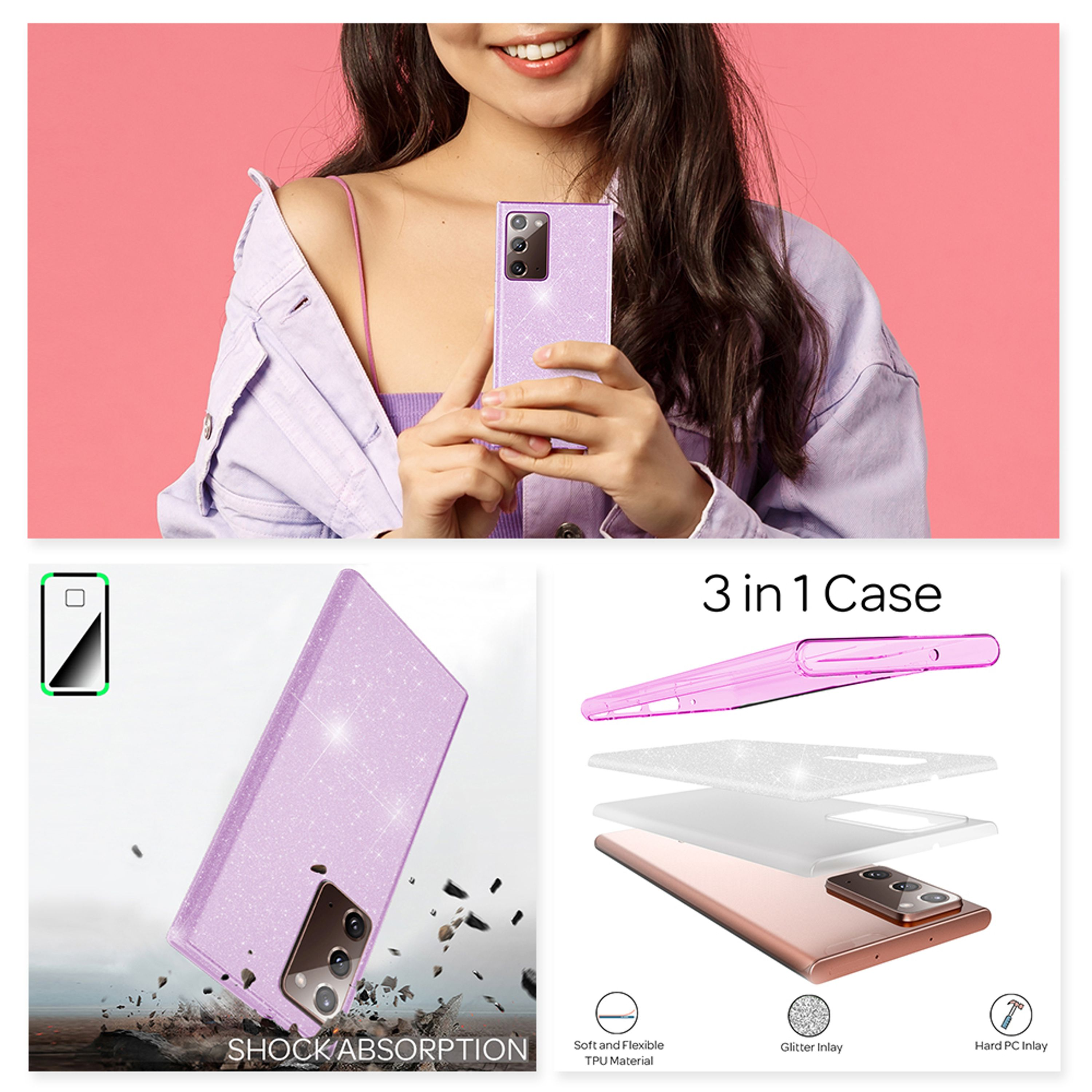Glitzernde Handyhülle für Samsung Note 20, mit Stoßabsorption und 3-Schicht-Schutz.