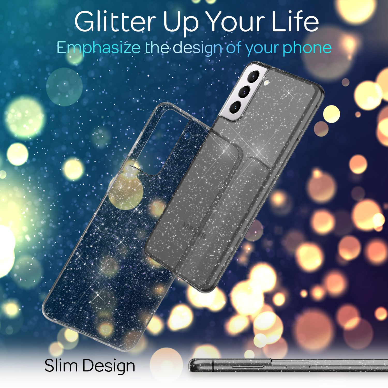 Custodia trasparente per telefono con glitter, che mostra un design sottile.