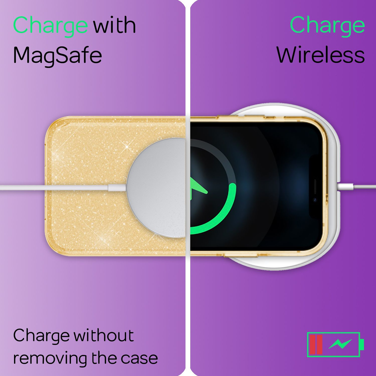 iPhone dorato con caricabatterie MagSafe e pad di ricarica wireless su sfondo viola.