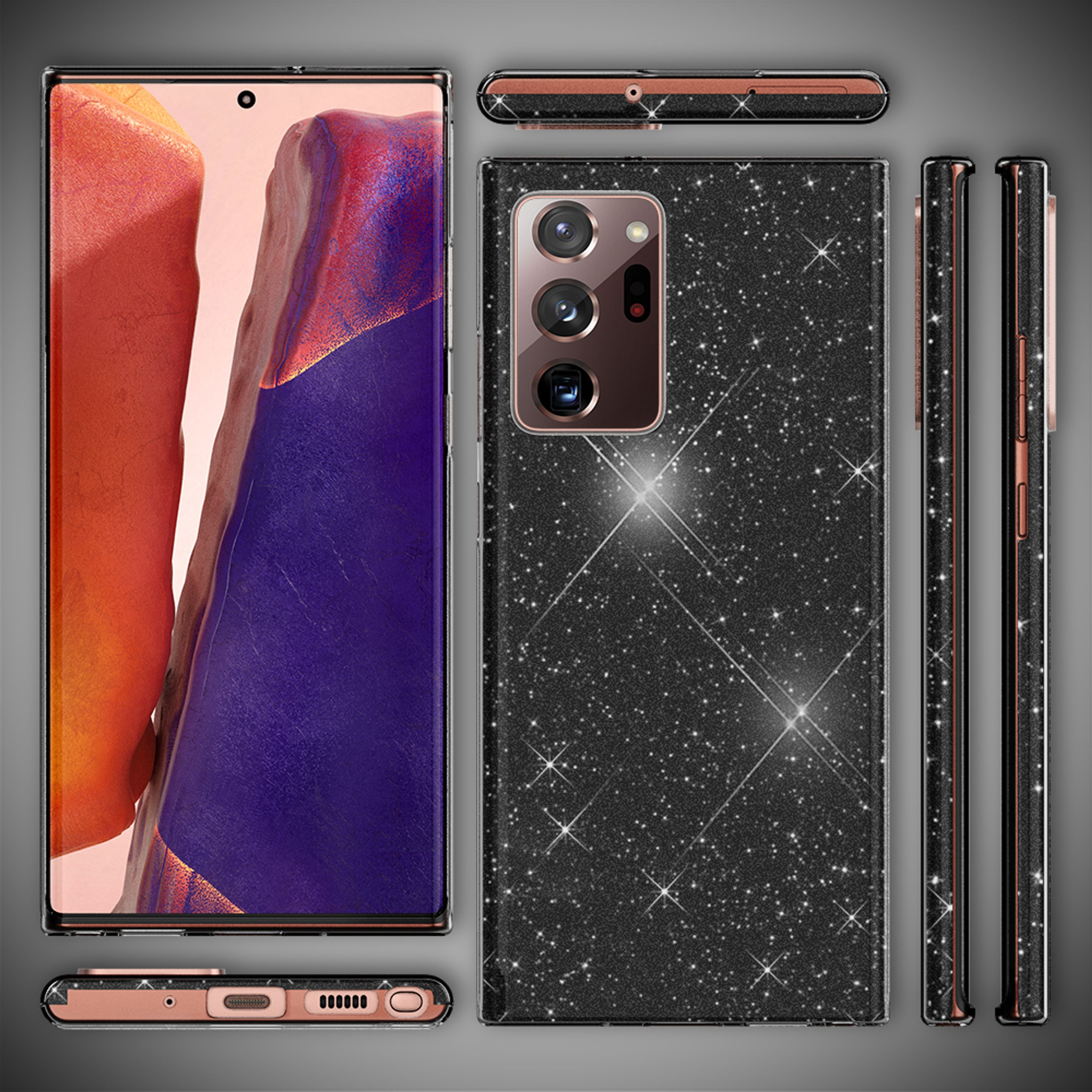 Cover nera glitterata per telefono, vista frontale, posteriore e laterale.