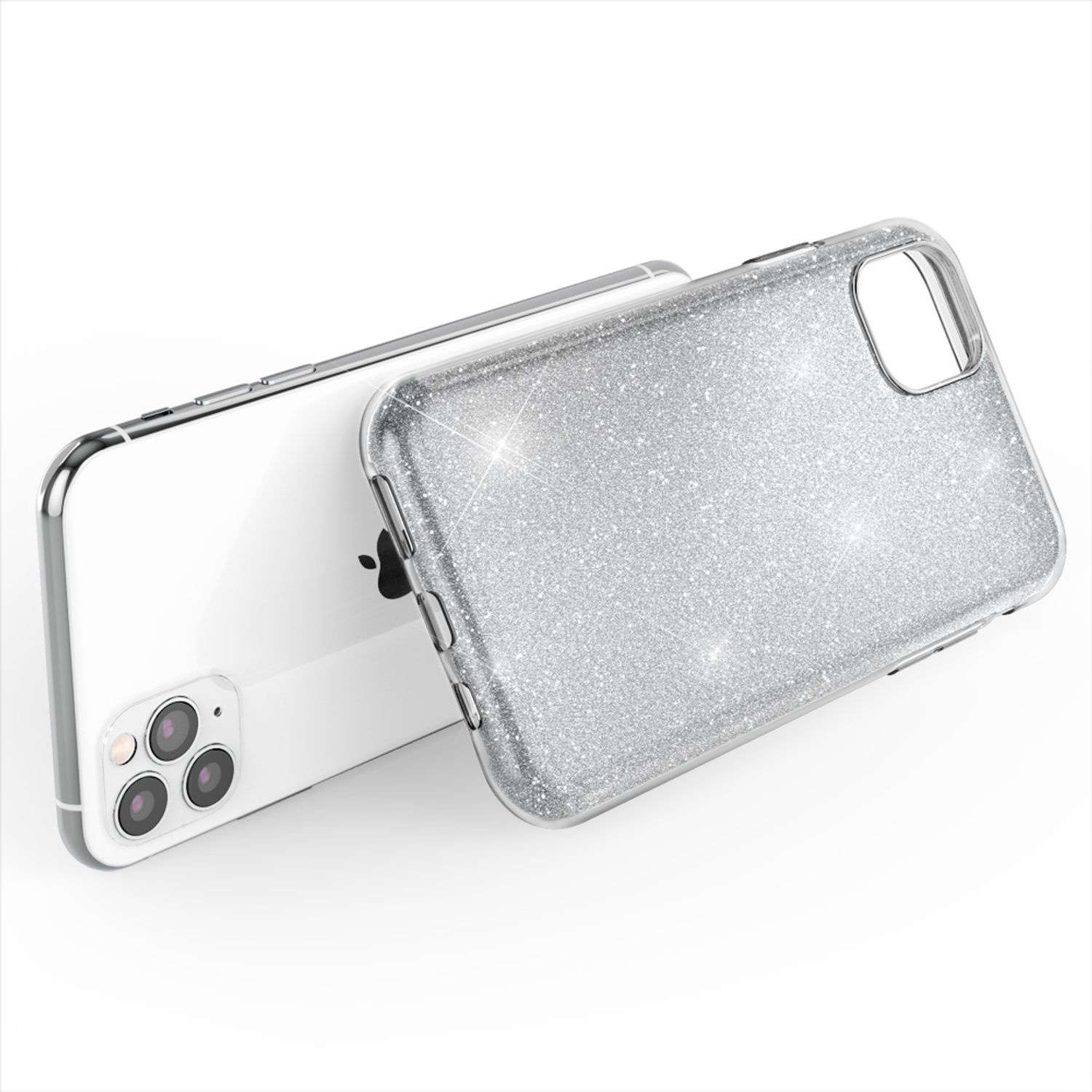 Ein silberner Glitzer-Handyhülle liegt neben einem weißen iPhone mit drei Kameras.