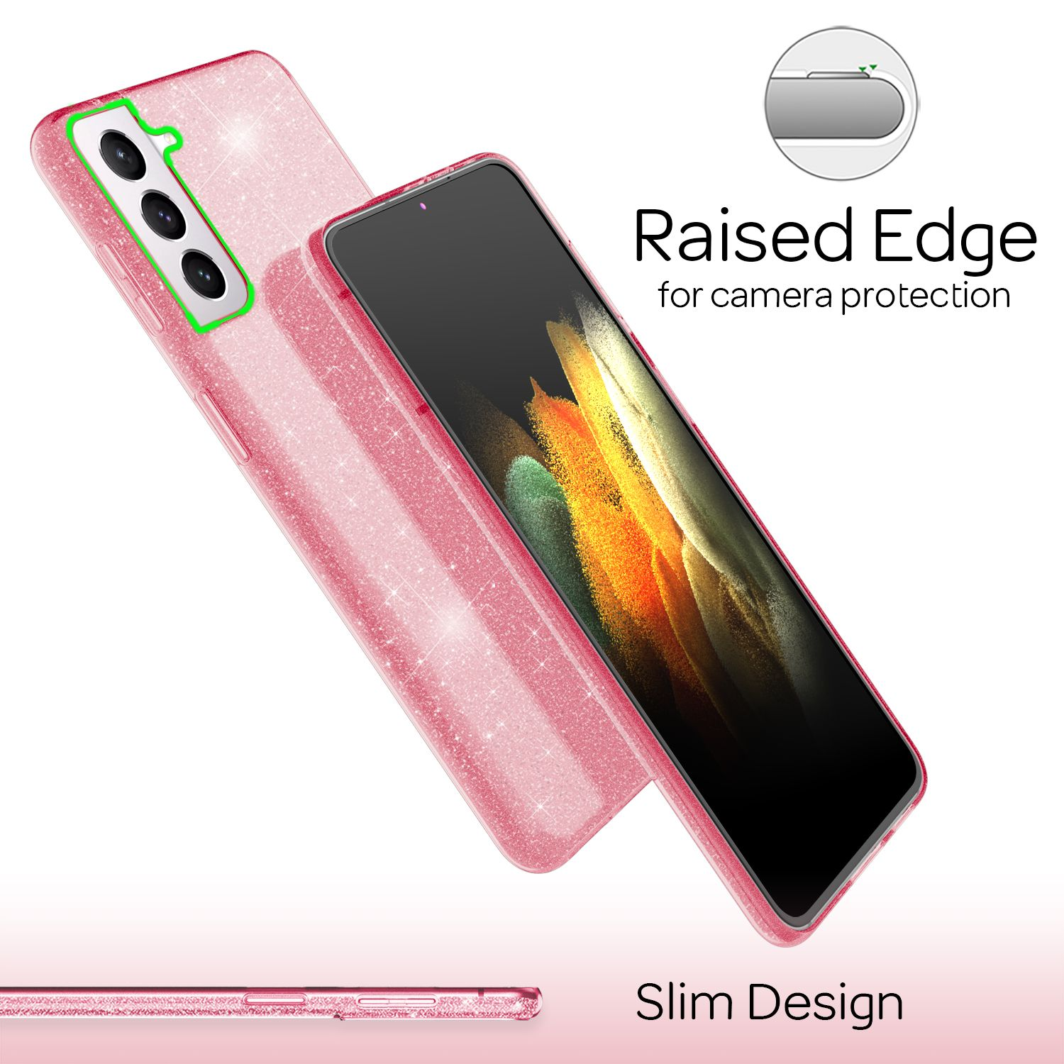 Custodia rosa scintillante per telefono con ritaglio fotocamera e testo "Slim Design".