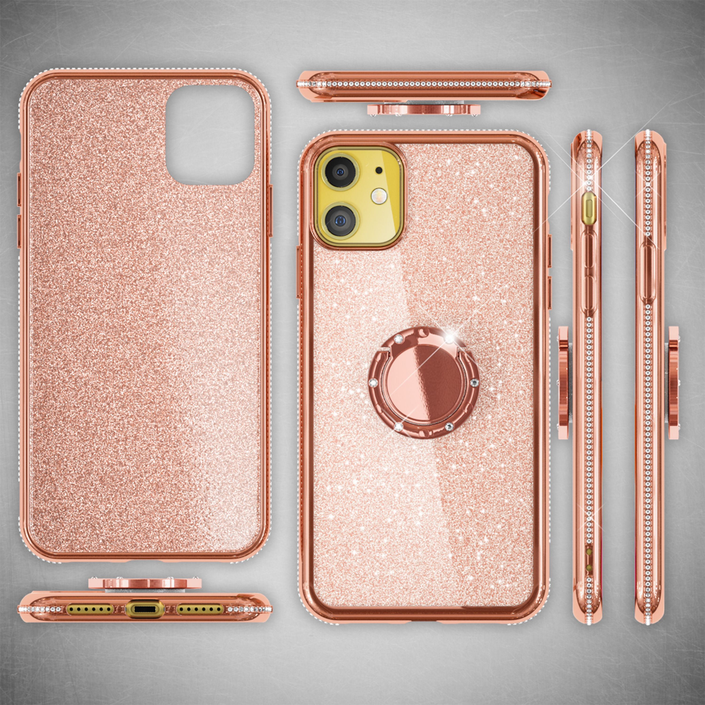 Roségoldene Glitzer-Handyhülle mit Diamantbesatz und Ringhalter.