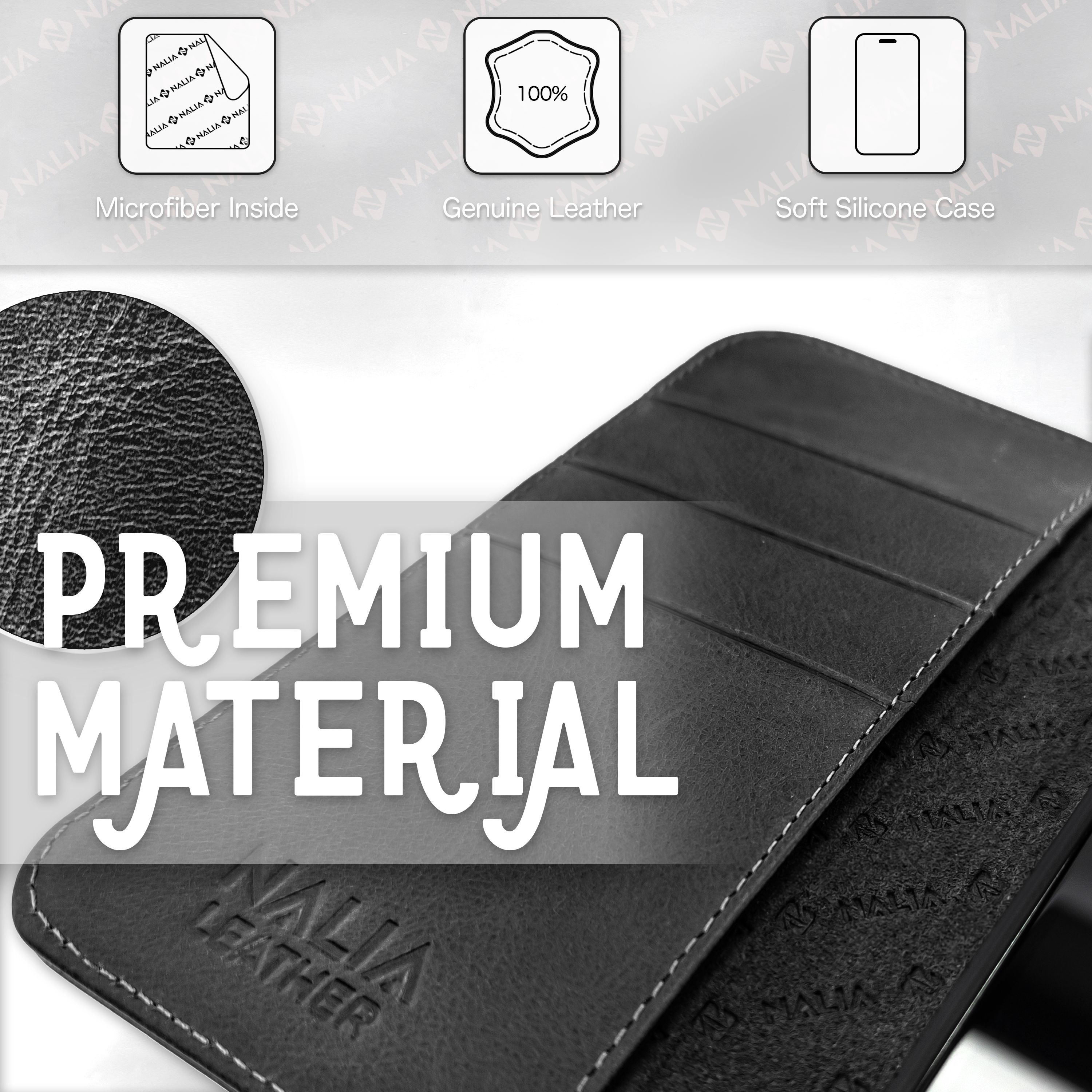 Custodia in pelle nera con cuciture e scritta "Premium Material".