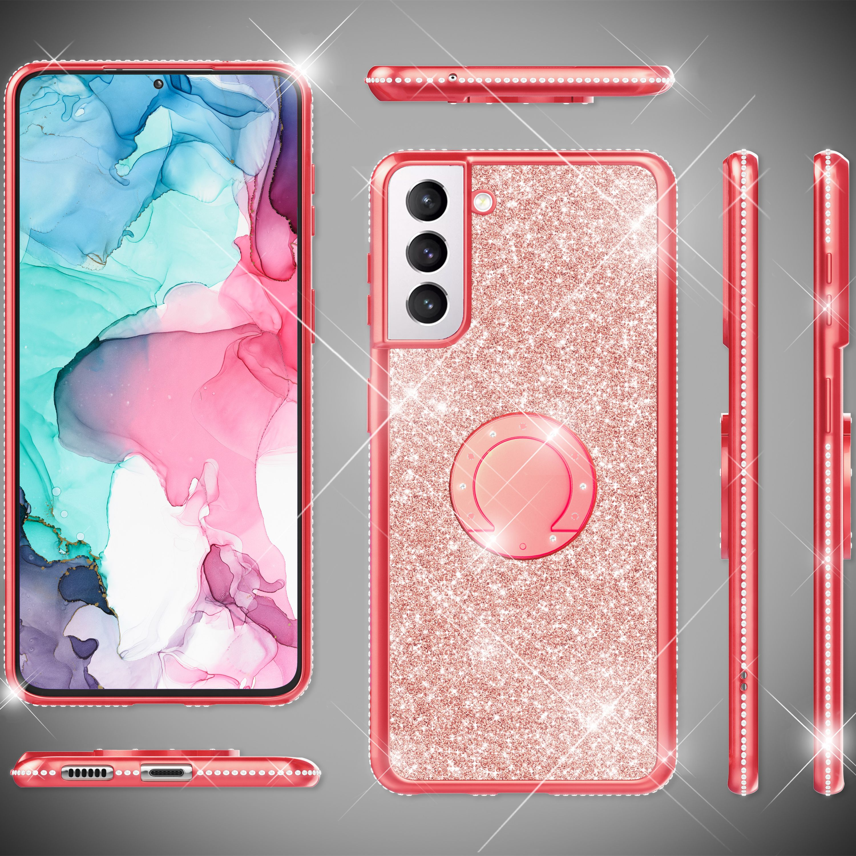 Rotes Glitzer-Handyhülle mit Diamanten, vordere und seitliche Ansichten.