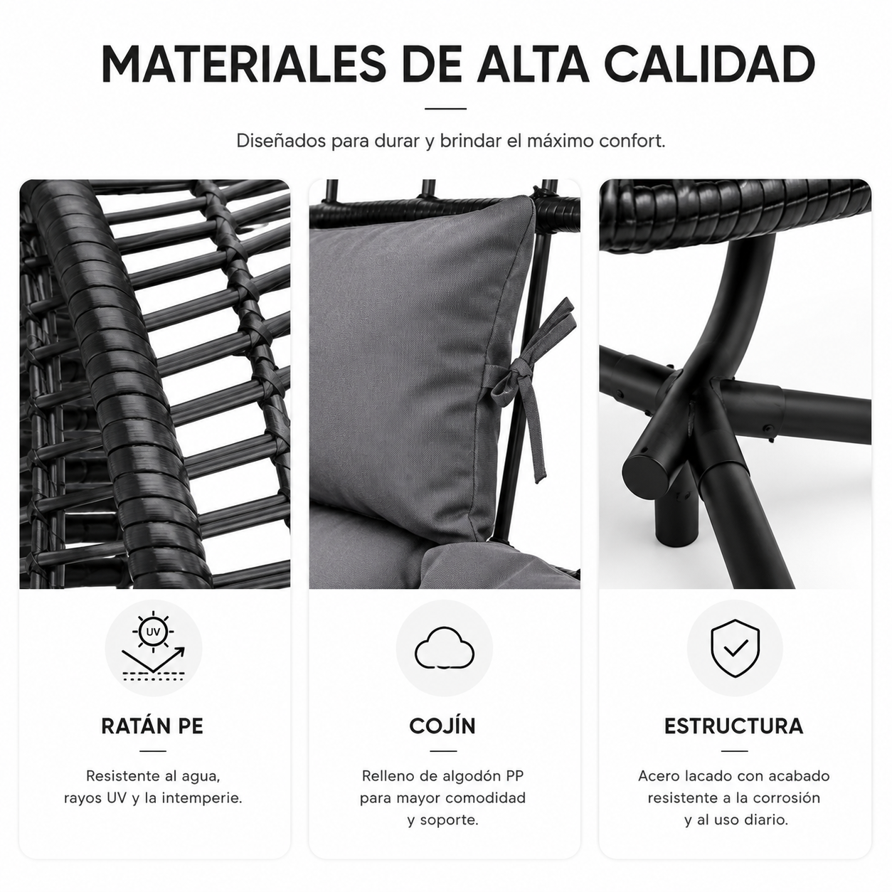 Primer plano del tejido de ratán, cojín y marco metálico de una silla.