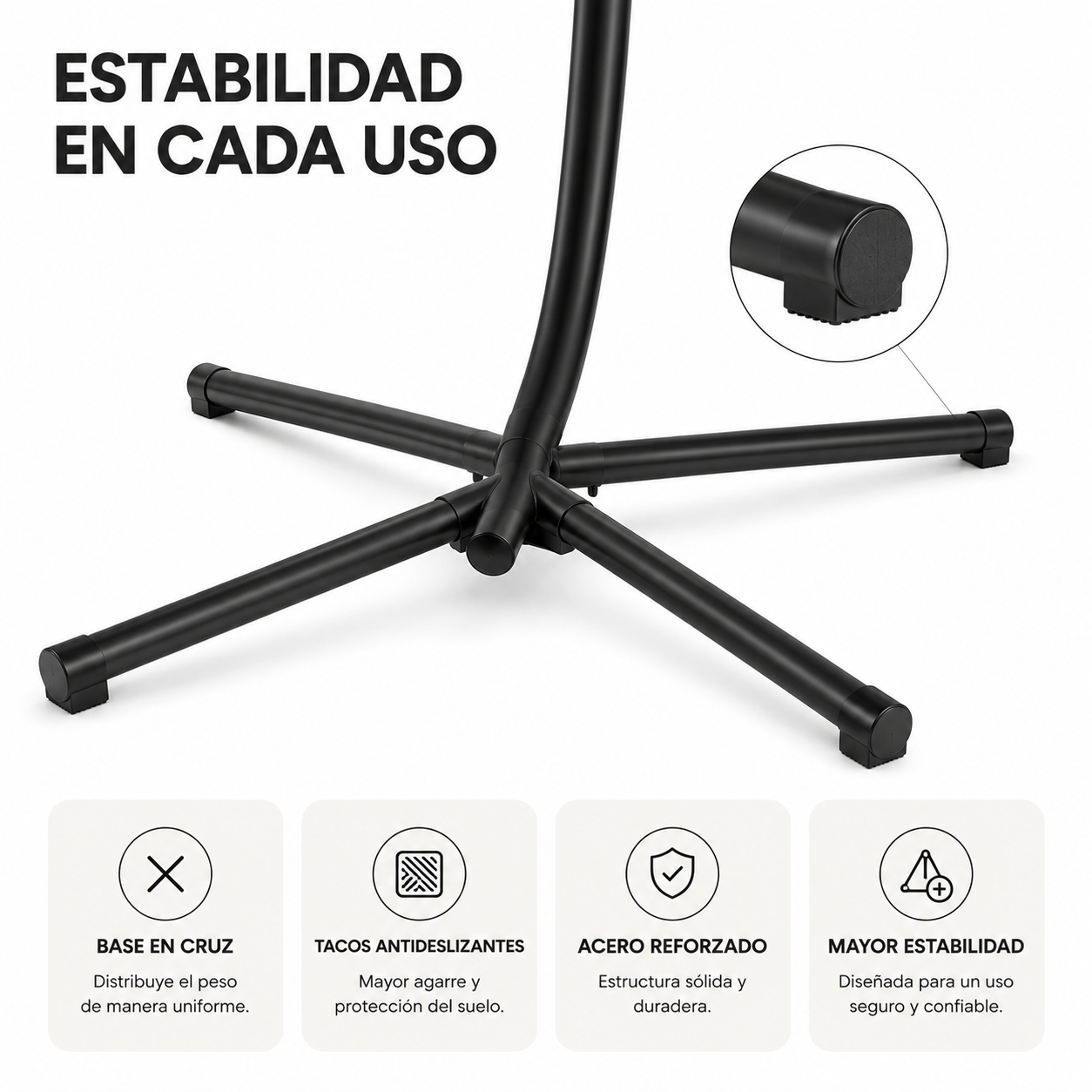 Base de soporte para hamaca de metal negro con cuatro patas y texto sobre estabilidad.