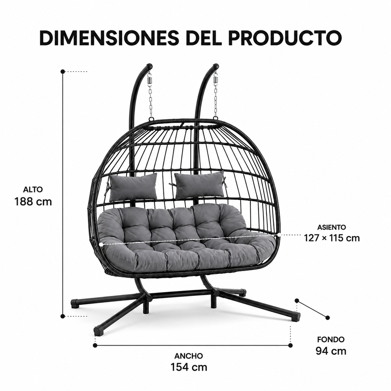 Silla colgante doble negra con cojines grises. Dimensiones: Alto 188cm, Ancho 154cm.