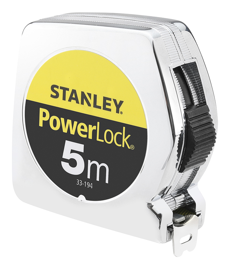 Miara zwijana Stanley PowerLock, 5m, z żółto-czarną etykietą.