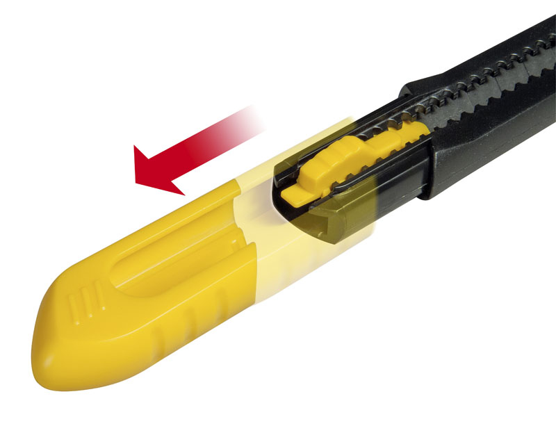 Gelber Klingen-Einzug eines schwarzen Messers, mit rotem Pfeil.