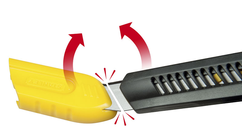Ein gelber Griff wird mit einem schwarzen Messer verbunden.