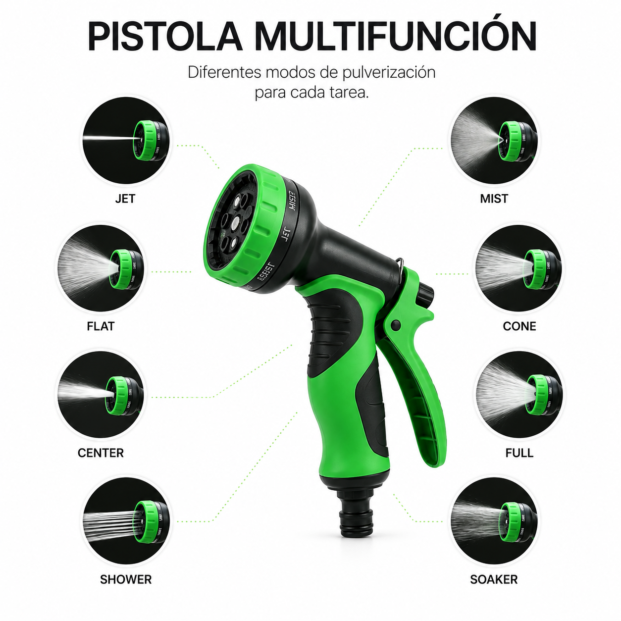 Pistola de jardín multifunción verde con 8 modos de pulverización: Jet, Flat, Center, Shower, Mist, Cone, Full, Soaker.