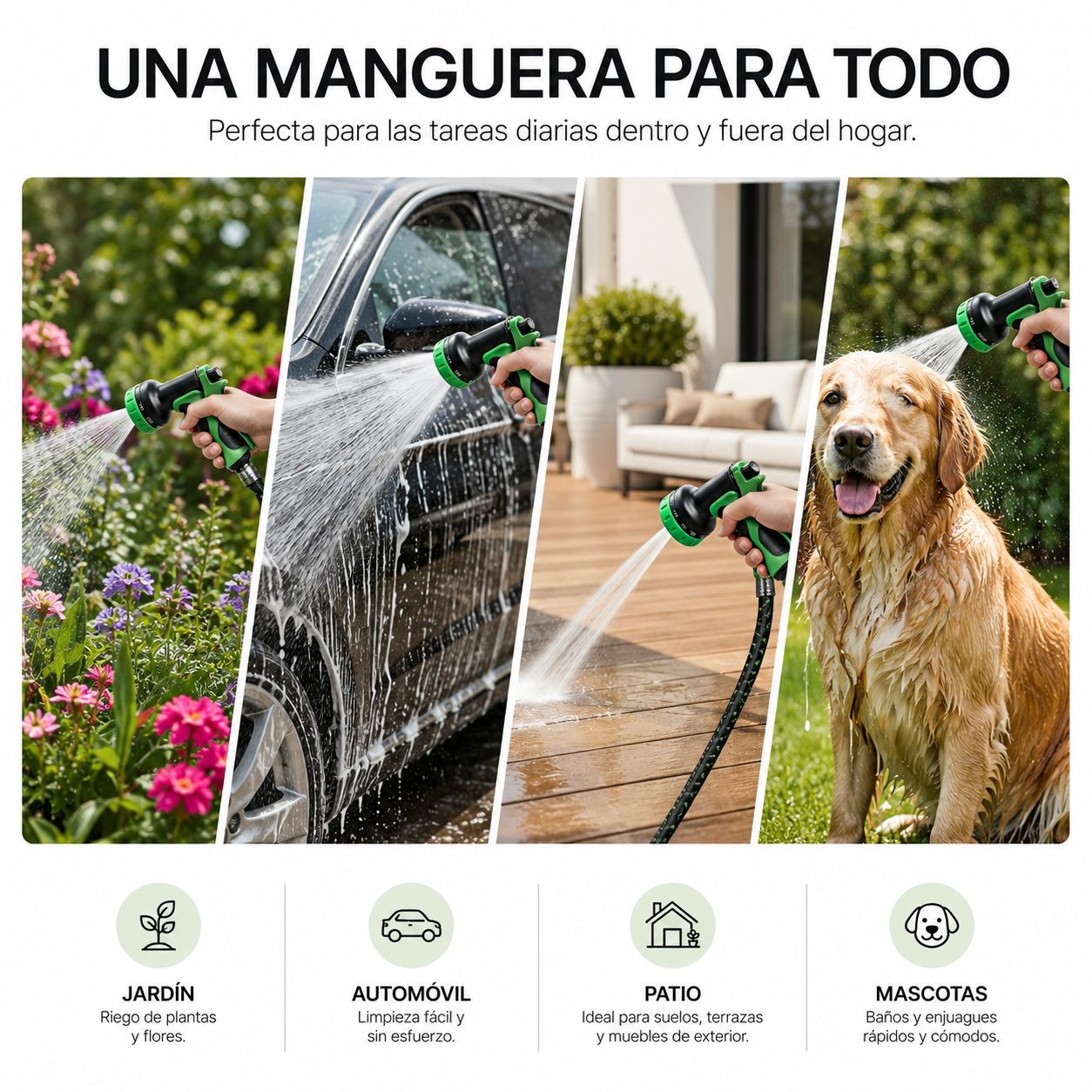 Cuatro escenas: regando jardín, lavando coche, limpiando patio, bañando perro.