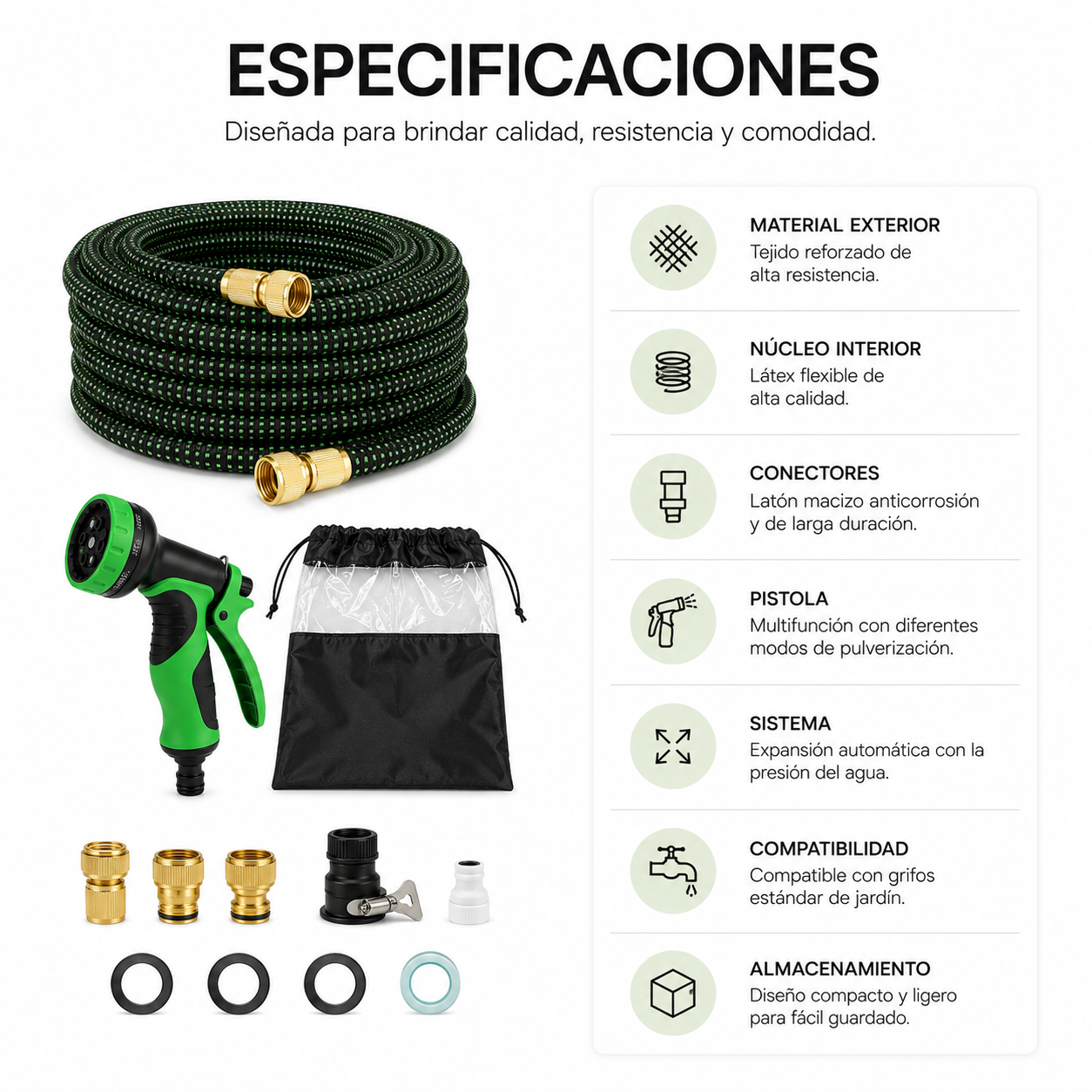 Una manguera de jardín verde con accesorios y especificaciones.