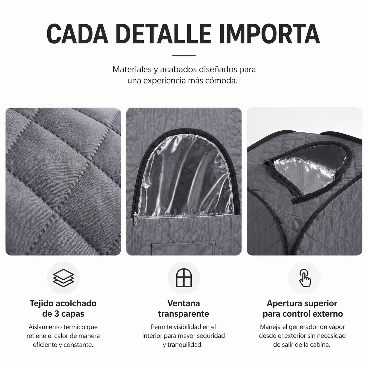 Tejido acolchado gris, ventana y apertura superior de cabina de sauna.