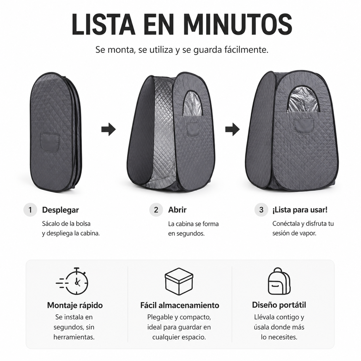 Tienda de sauna gris plegable en tres pasos: desplegar, abrir, lista para usar.
