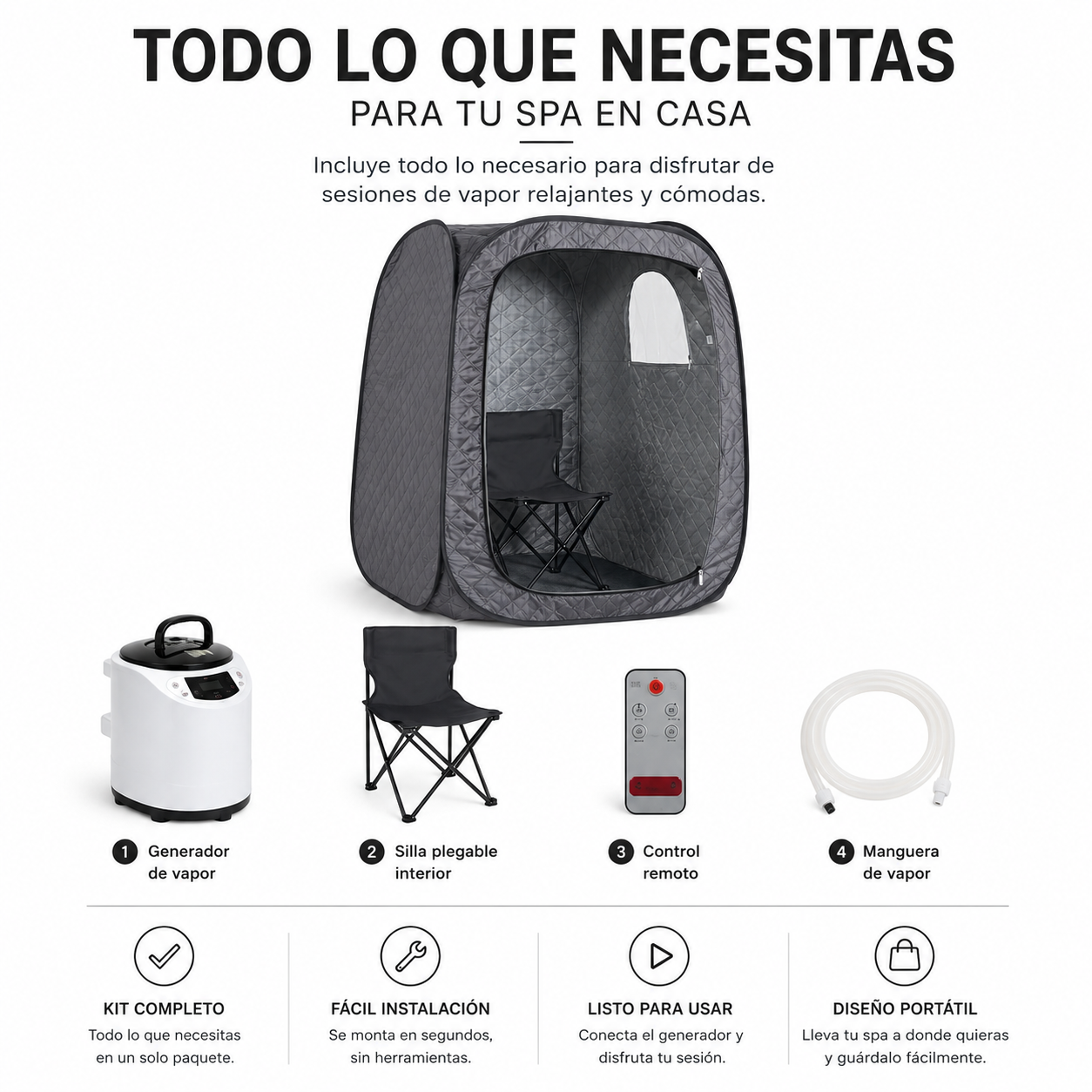 Tienda de vapor con generador, silla, control y manguera.