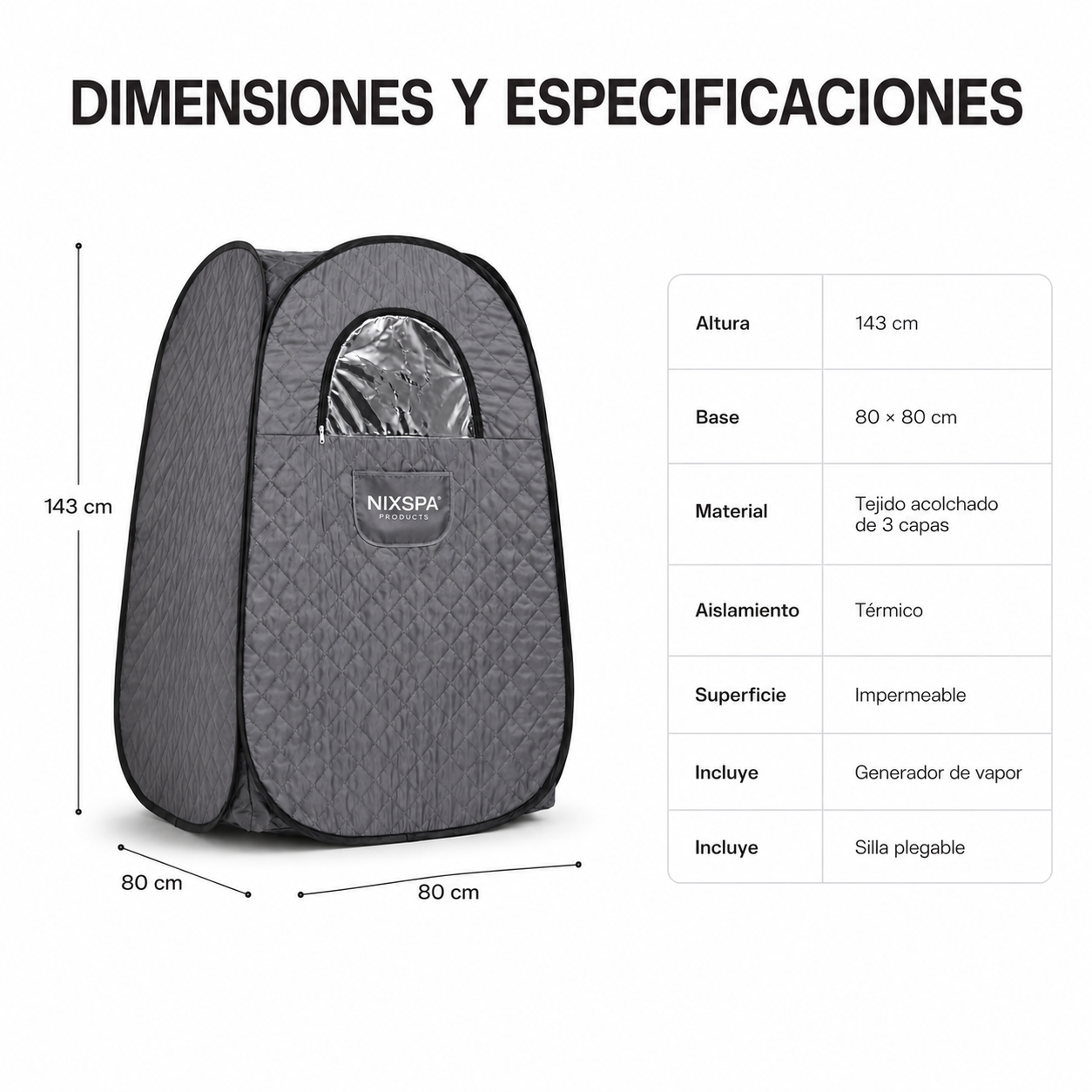 Tienda de sauna de vapor gris, 143x80x80 cm, con tabla de especificaciones.