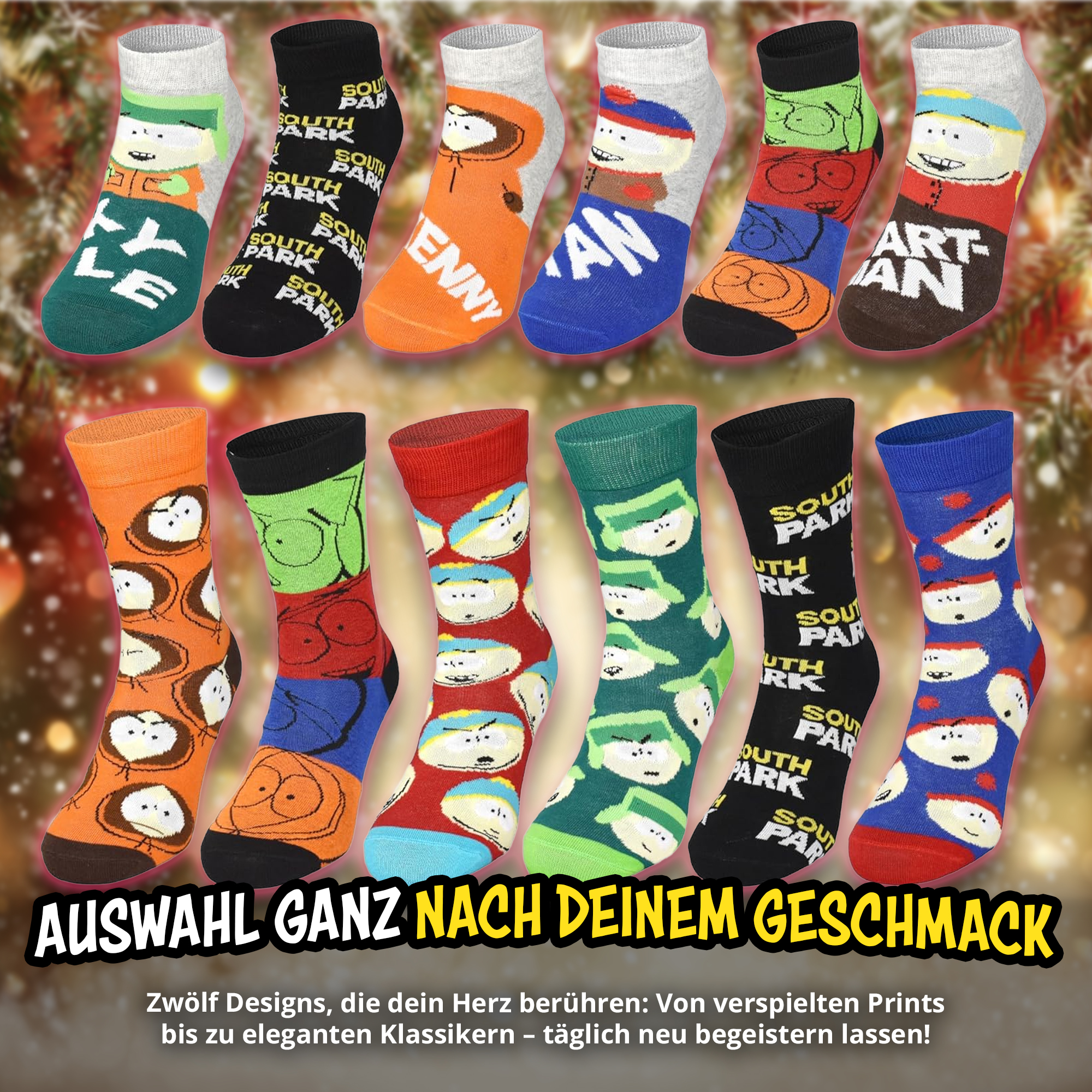 Elf Paar South Park Socken mit Charakteren und Schriftzügen.