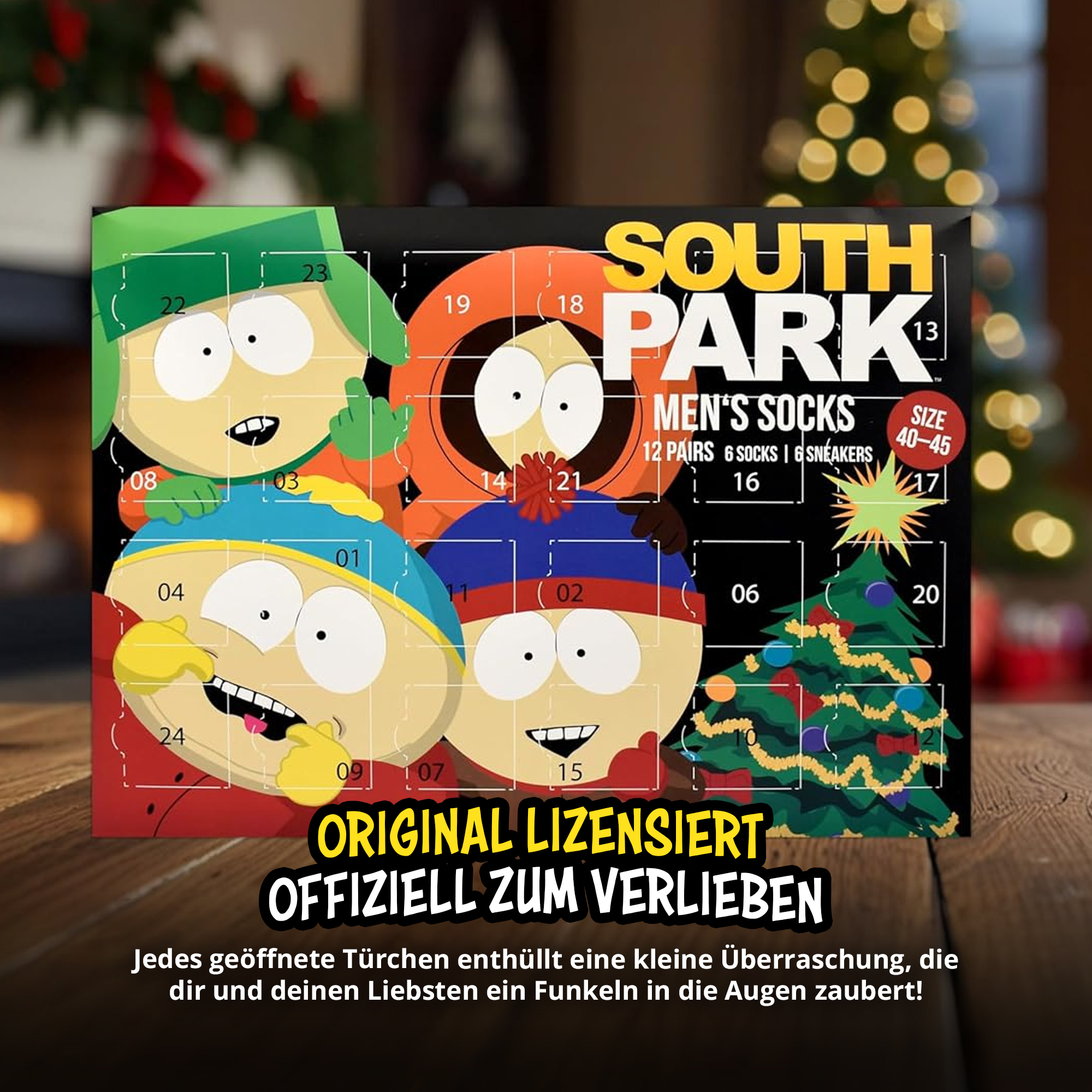 South Park Adventskalender mit Socken. Vordere Charaktere und Weihnachtsbaum.