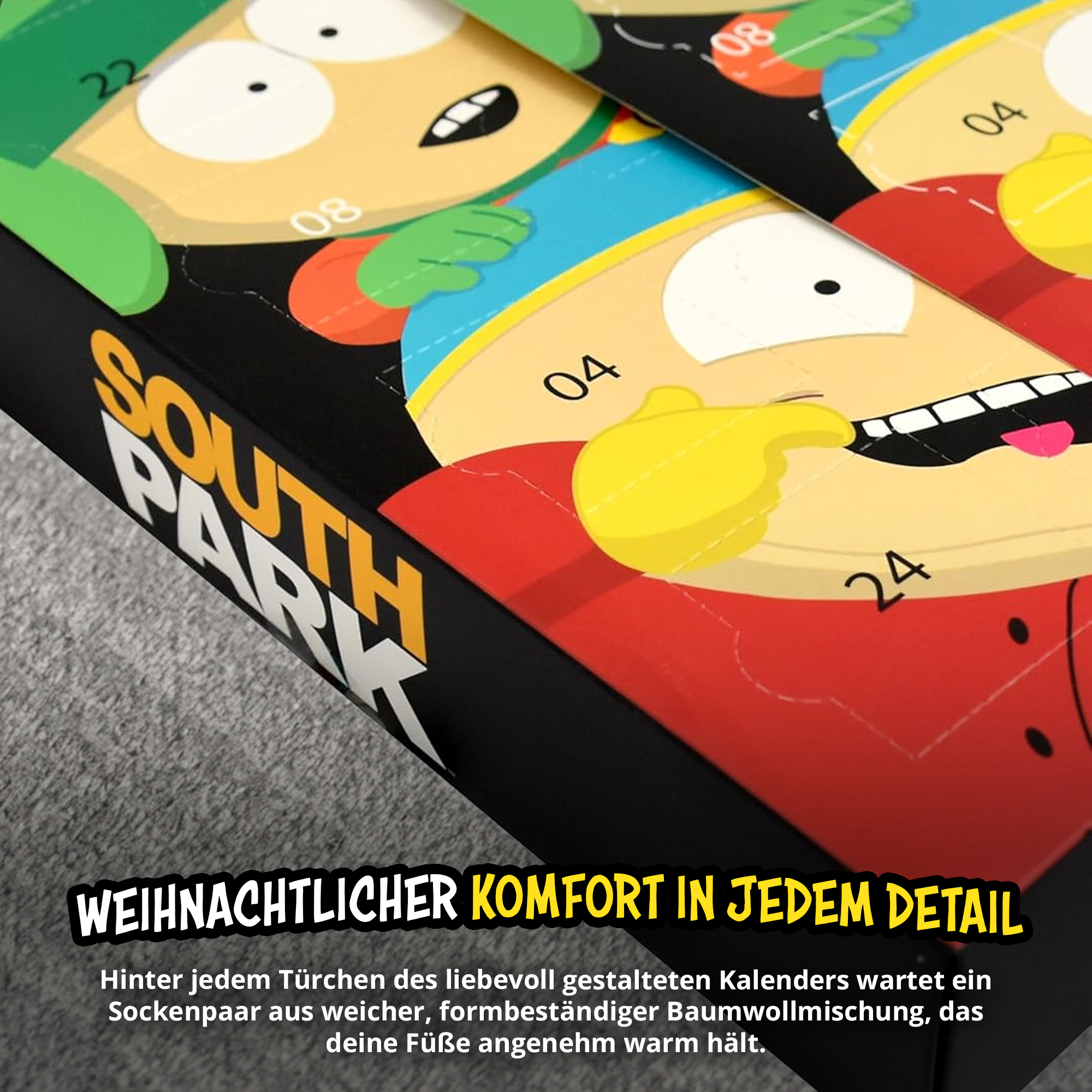 South Park Adventskalender mit Charakter-Designs und Zahlen.
