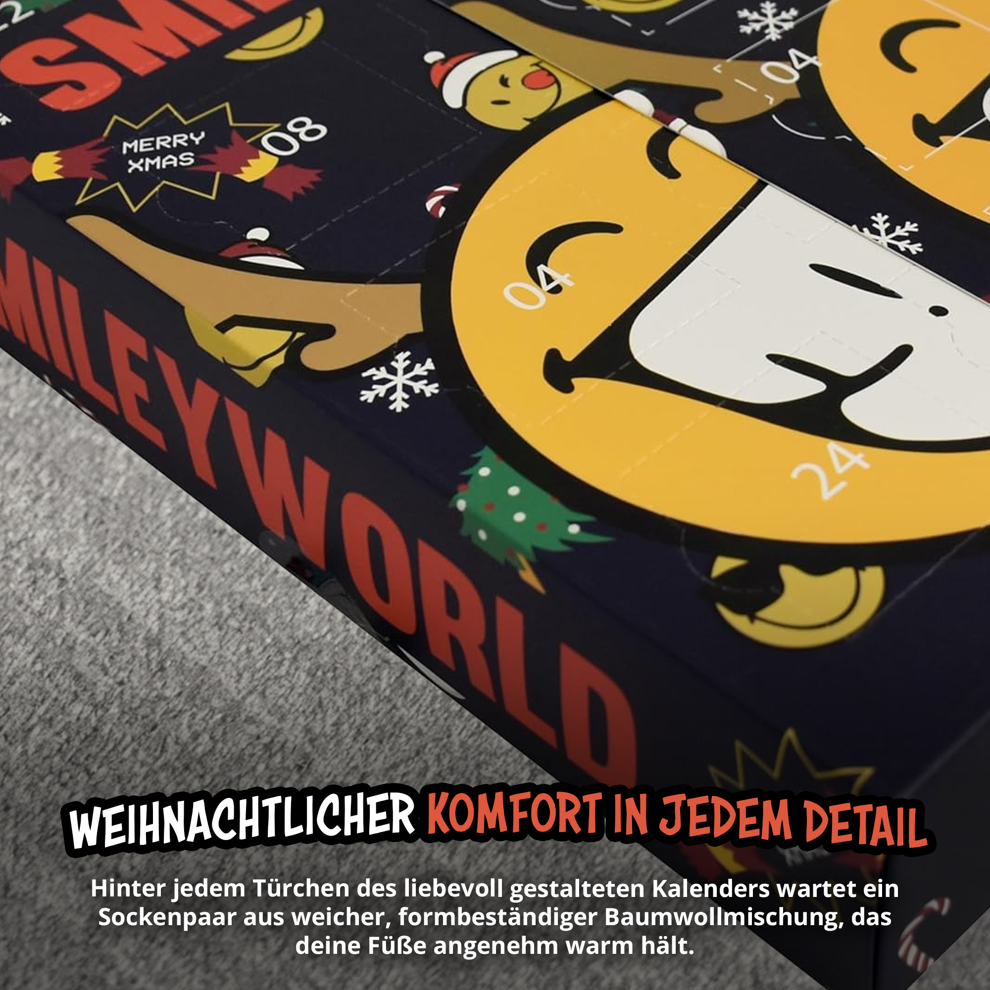 Ein Weihnachtskalender mit Smiley-Motiven und der Aufschrift 'Miley World'.
