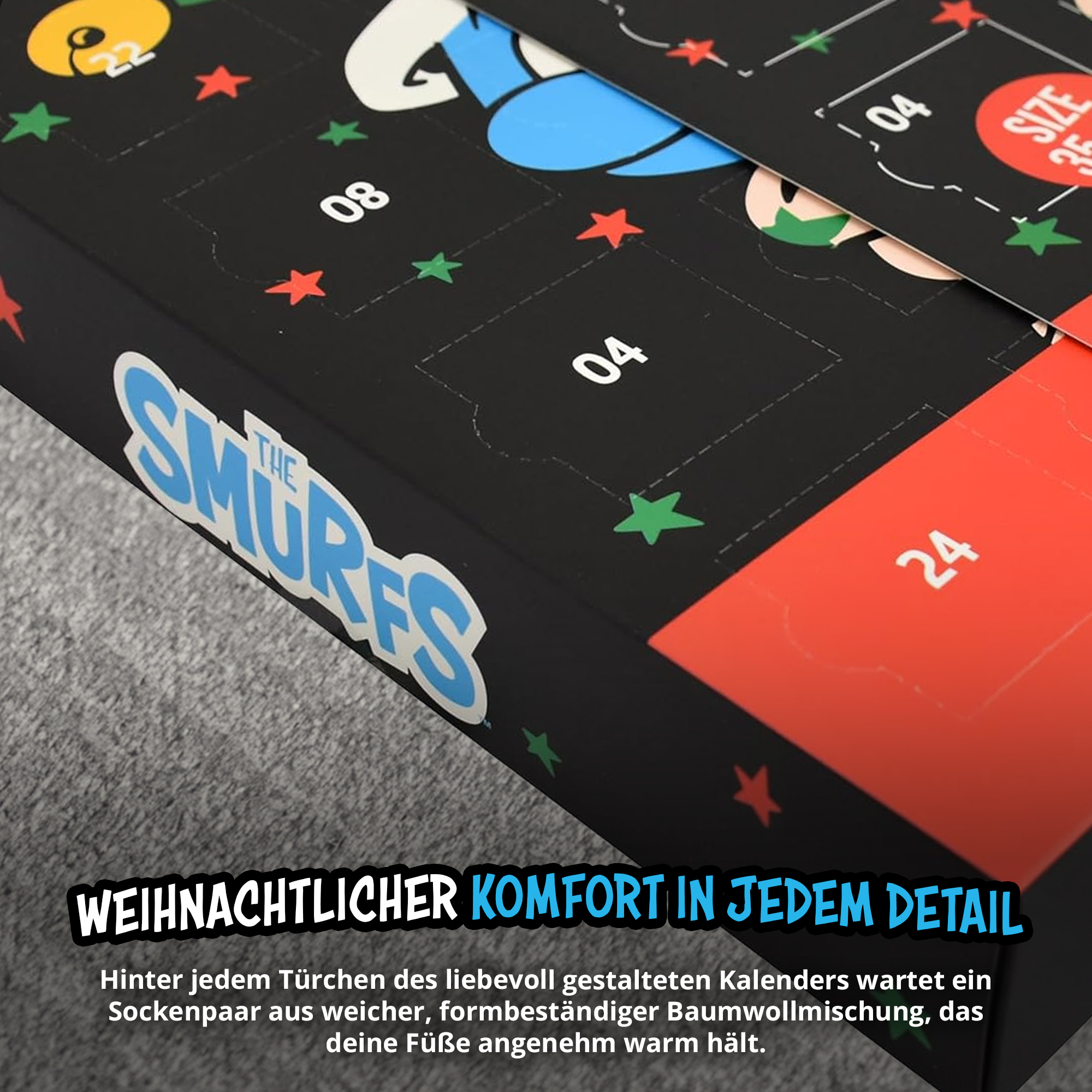 Smurfs Adventskalender mit nummerierten Türchen und Sternen. Text: 'Weihnachtlicher Komfort in jedem Detail'.