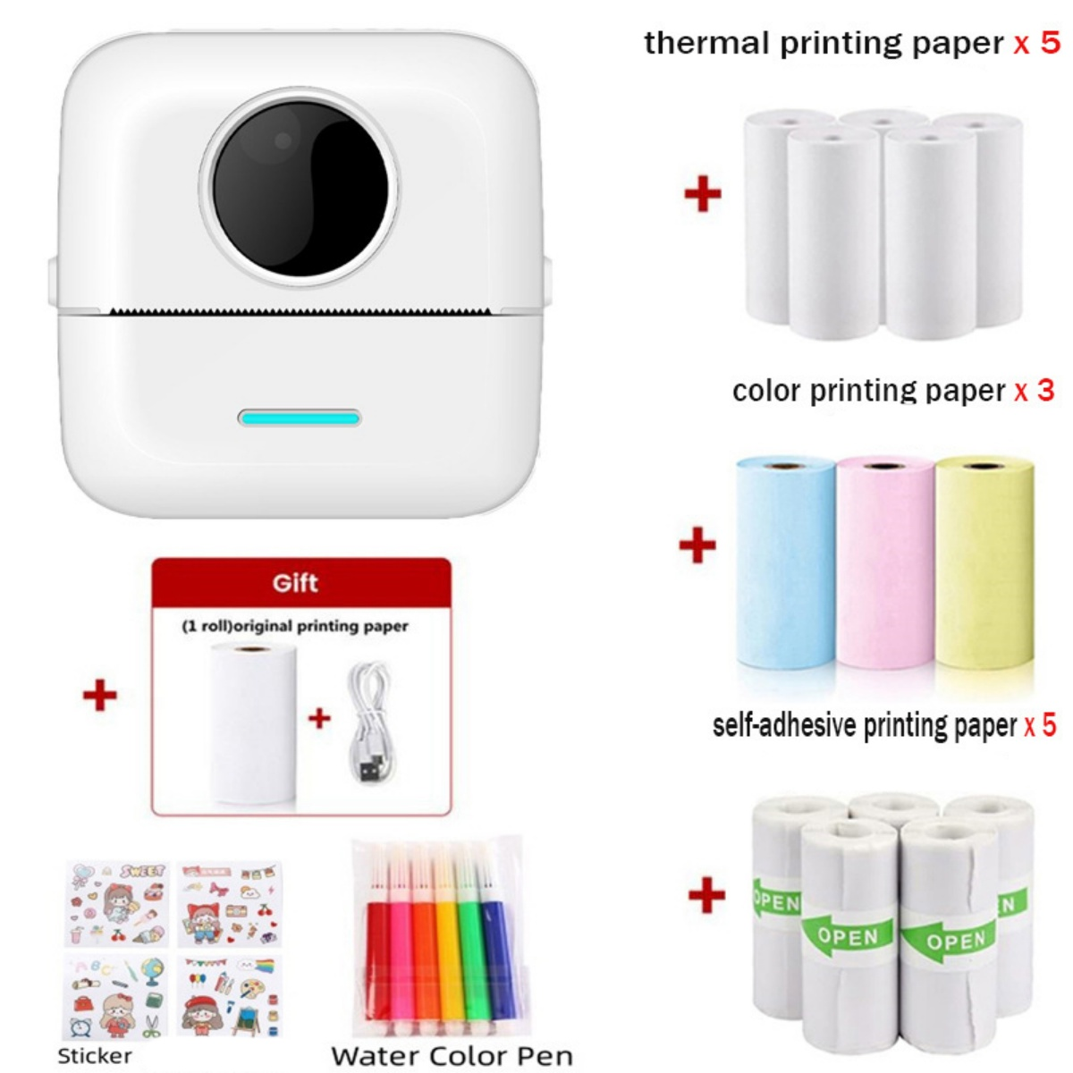Ein weißer Drucker mit Zubehör: Papierrollen, Aufkleber und Stifte.