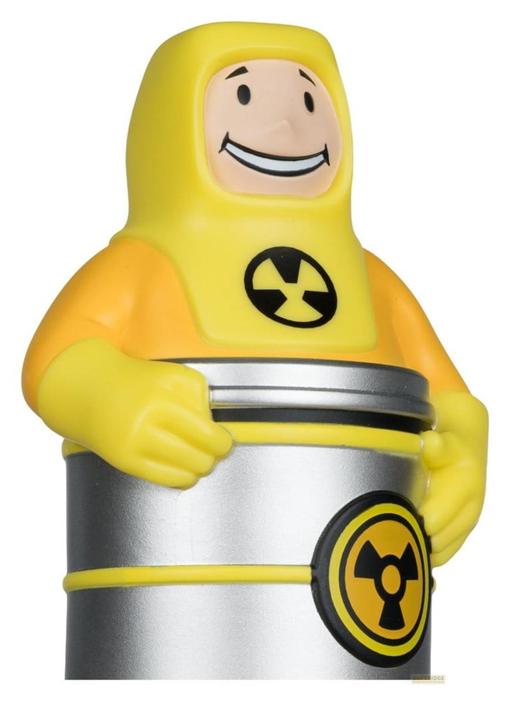 Eine gelbe Figur im Schutzanzug hält einen silbernen Behälter mit einem Warnsymbol.