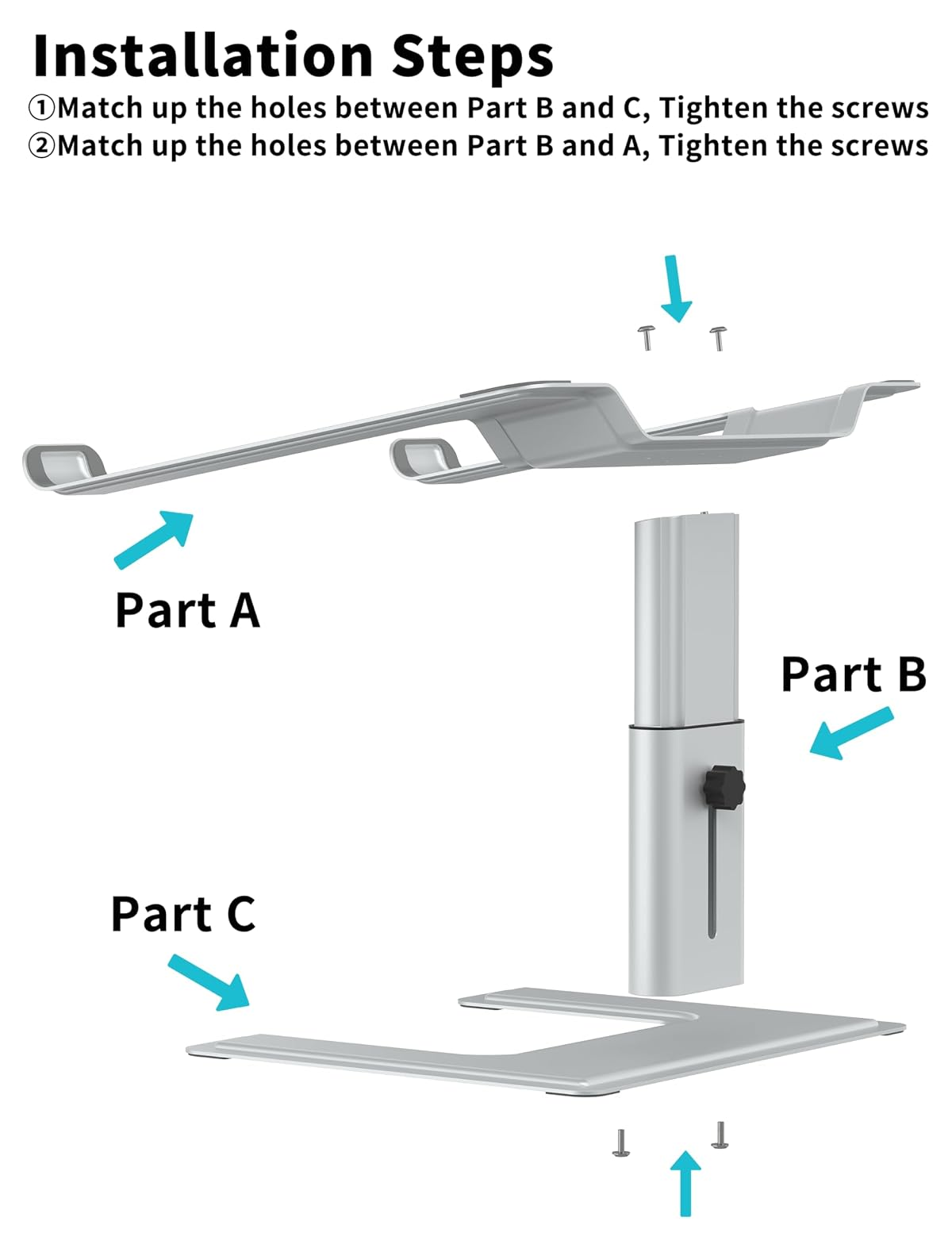 Installationsschritte mit Teilen A, B und C und Schrauben.