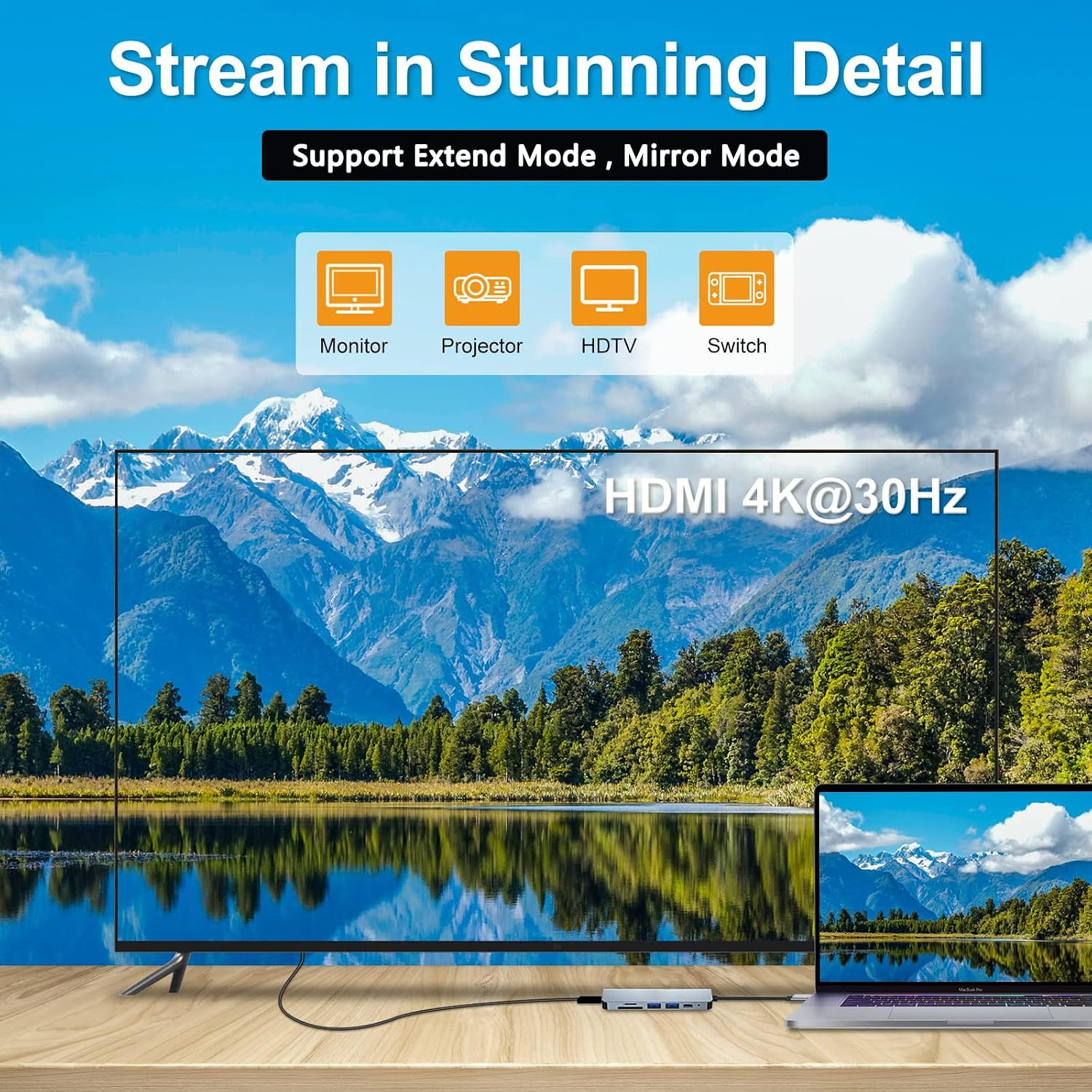 Ein Laptop, ein Fernseher und ein Hub zeigen eine Berglandschaft mit See.