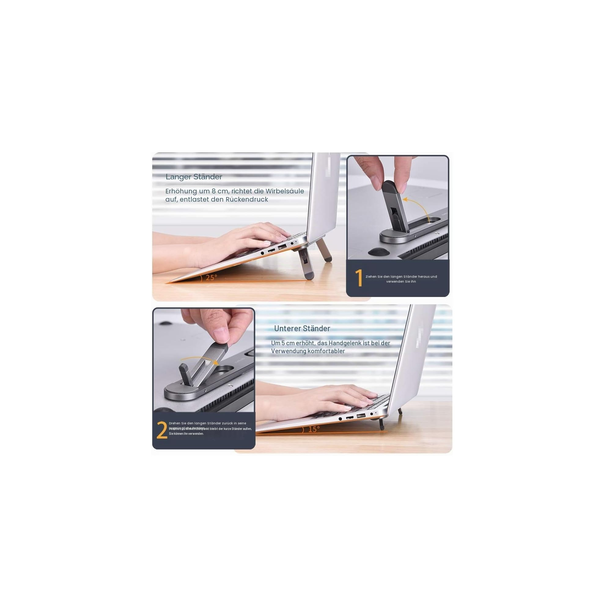 Laptopständer hebt Laptops für ergonomische Nutzung. Zwei Stufen: 8cm und 5cm.