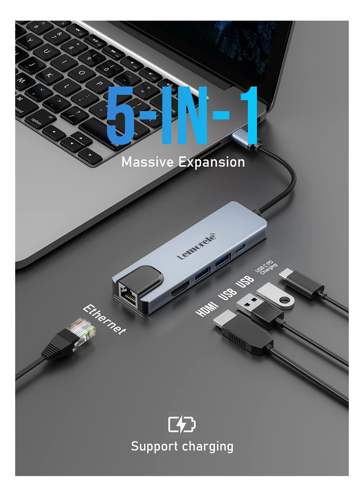 Ein Laptop mit einem 5-in-1-USB-C-Hub, der Ethernet, HDMI und USB-Ports bietet.