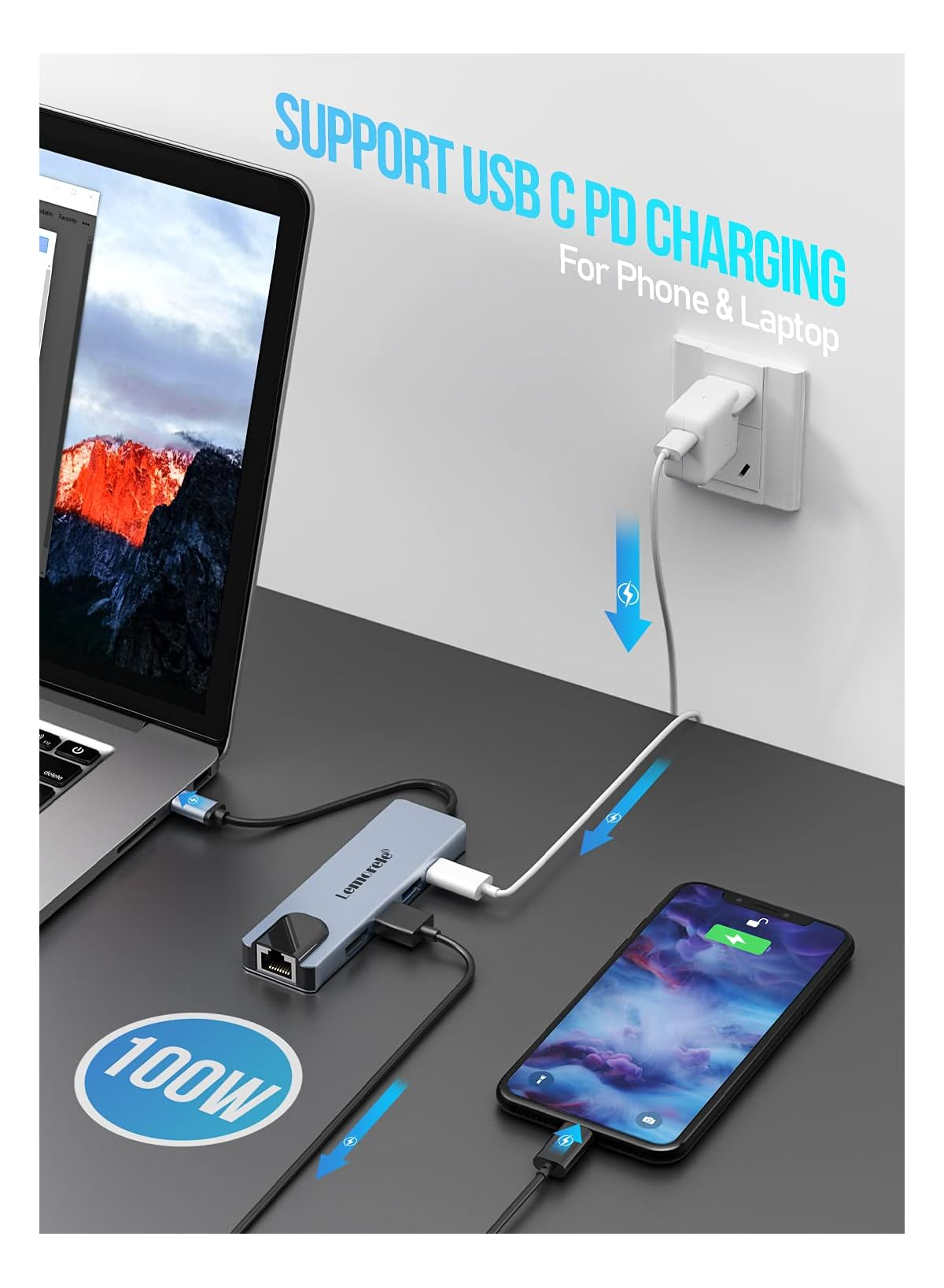 Laptop, USB-C-Hub, Smartphone & Ladegerät verbunden. 100W.