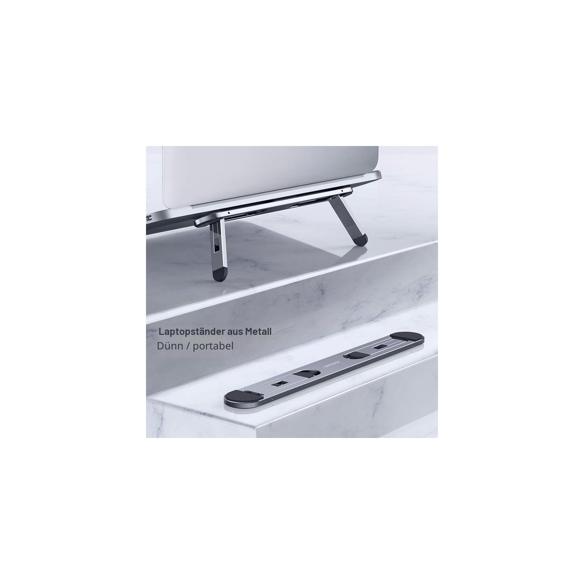 Ein dünner, tragbarer Laptopständer aus Metall auf einer Marmortreppe.