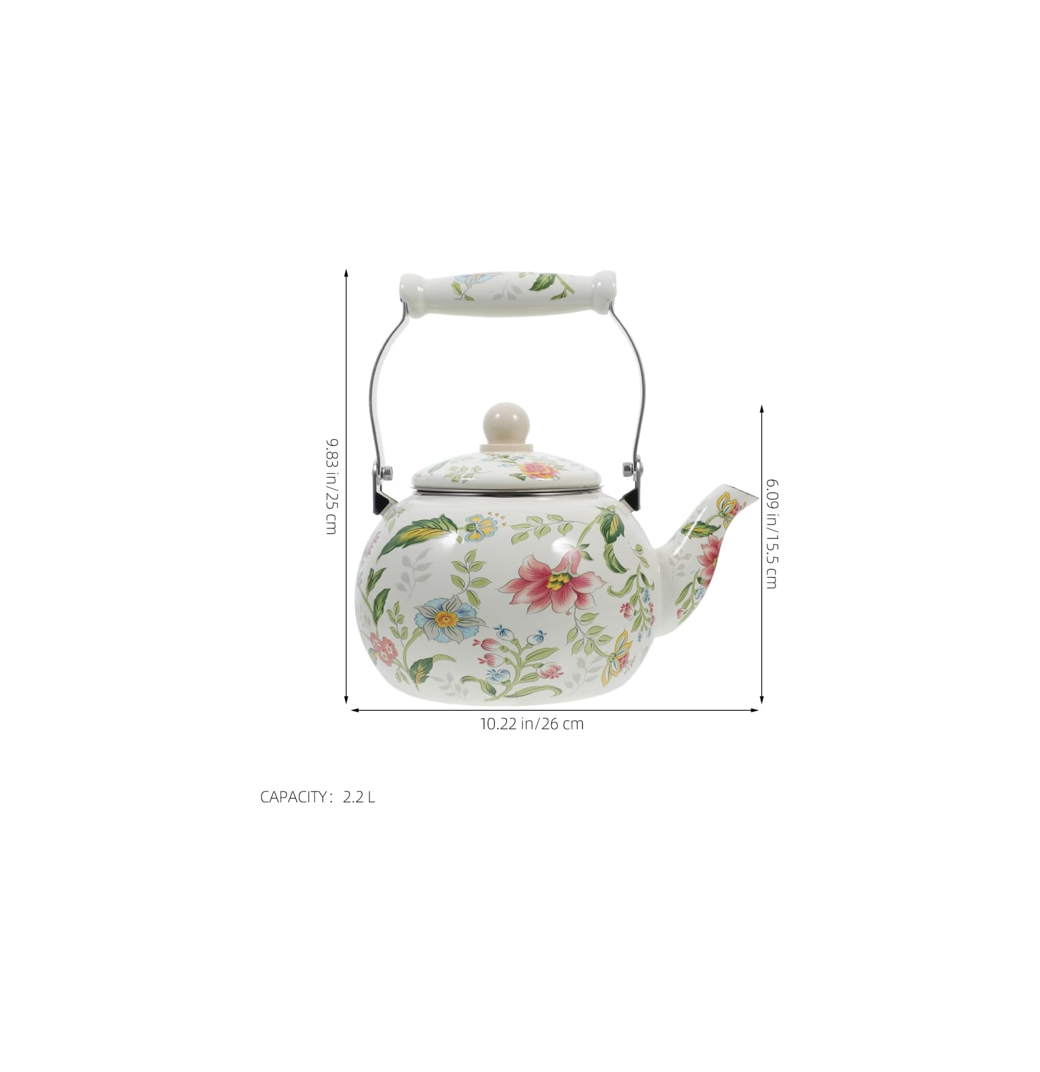 Eine weiße Teekanne mit Blumenmuster, 25cm hoch, 26cm breit, 15.5cm Ausguss.