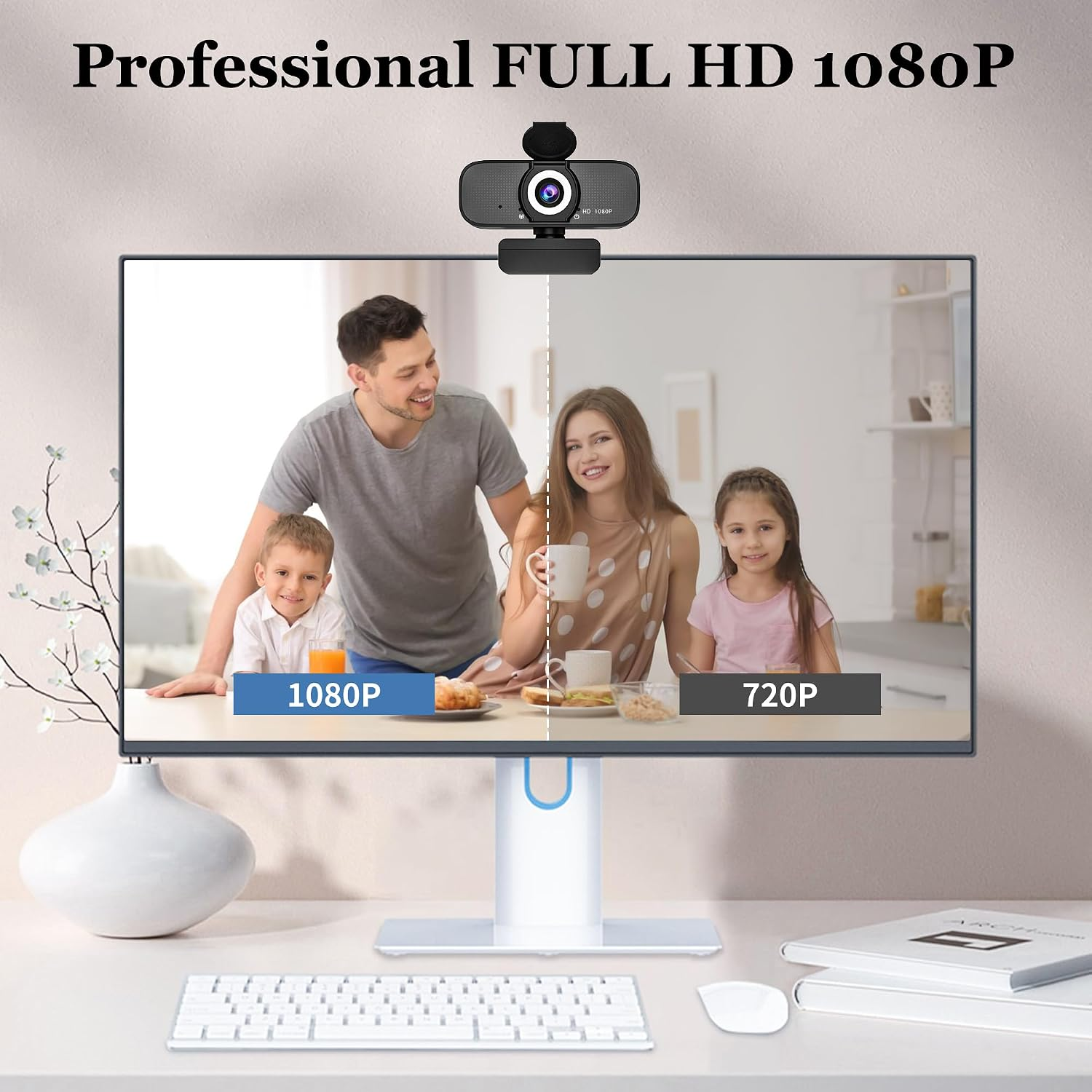 Webcam zeigt Vergleich von 1080p und 720p Auflösung mit Familienbild.