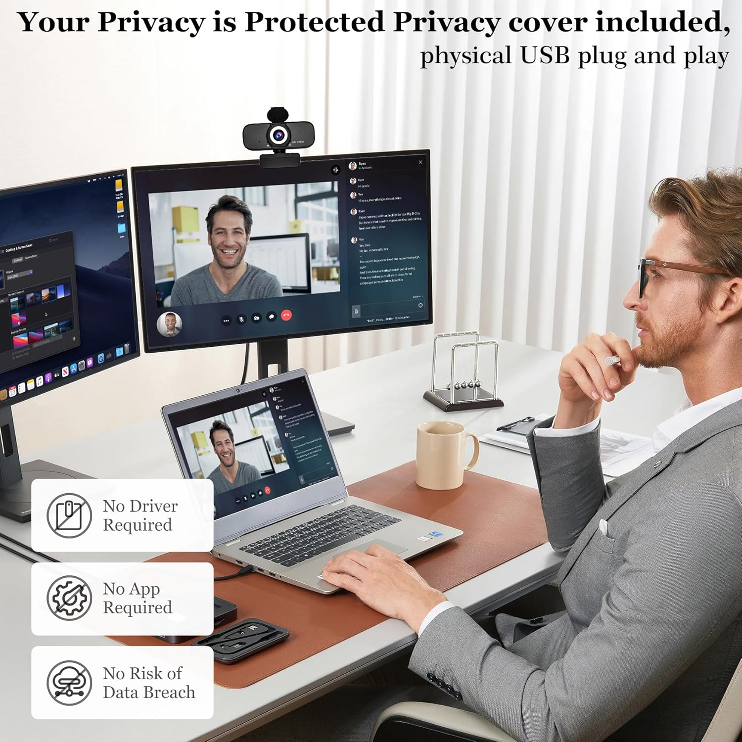 Mann im Anzug am Schreibtisch mit zwei Monitoren, Laptop und Webcam. Text: Privatsphäre geschützt.