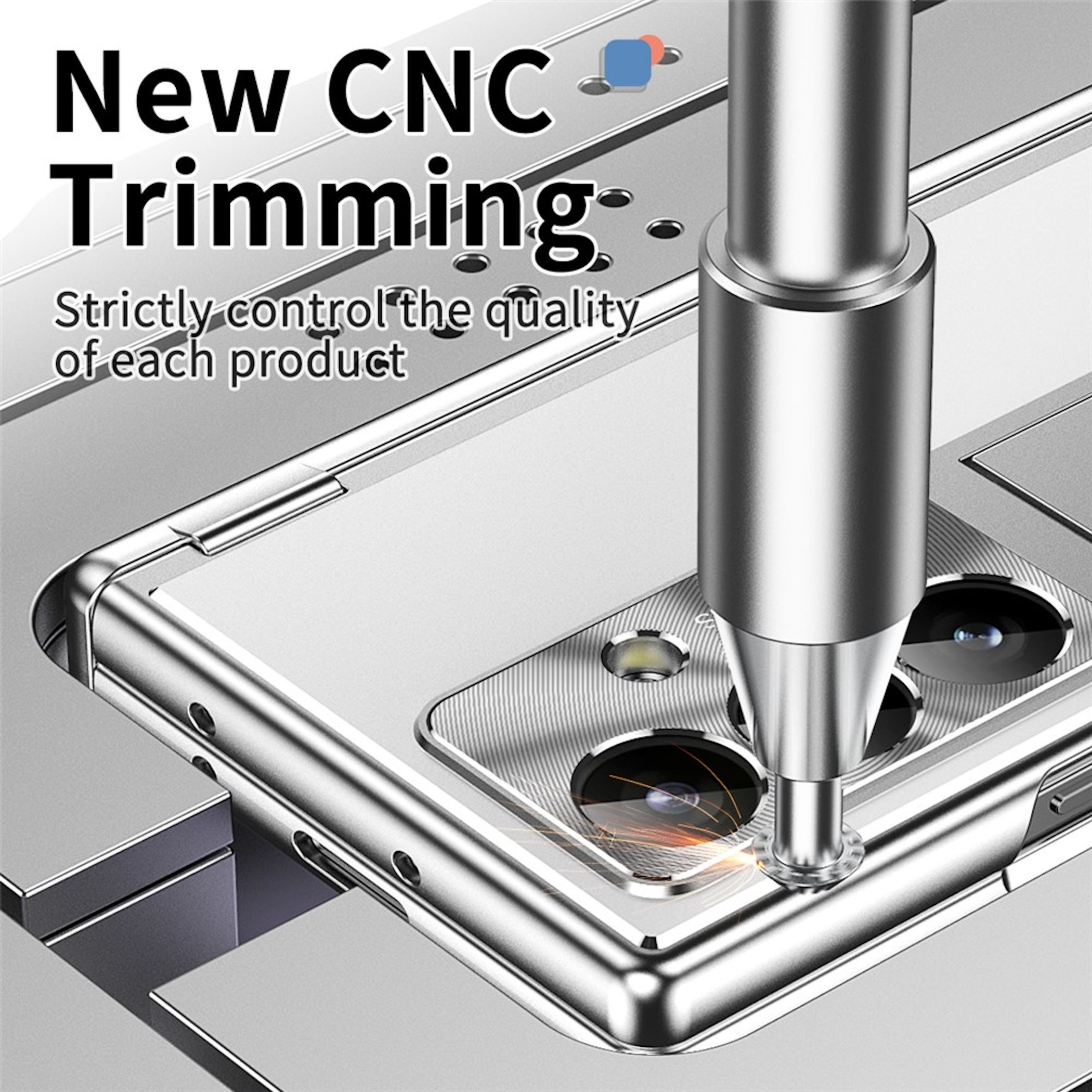 CNC-Präzisionsbearbeitung eines Smartphone-Gehäuses mit Funkenflug.