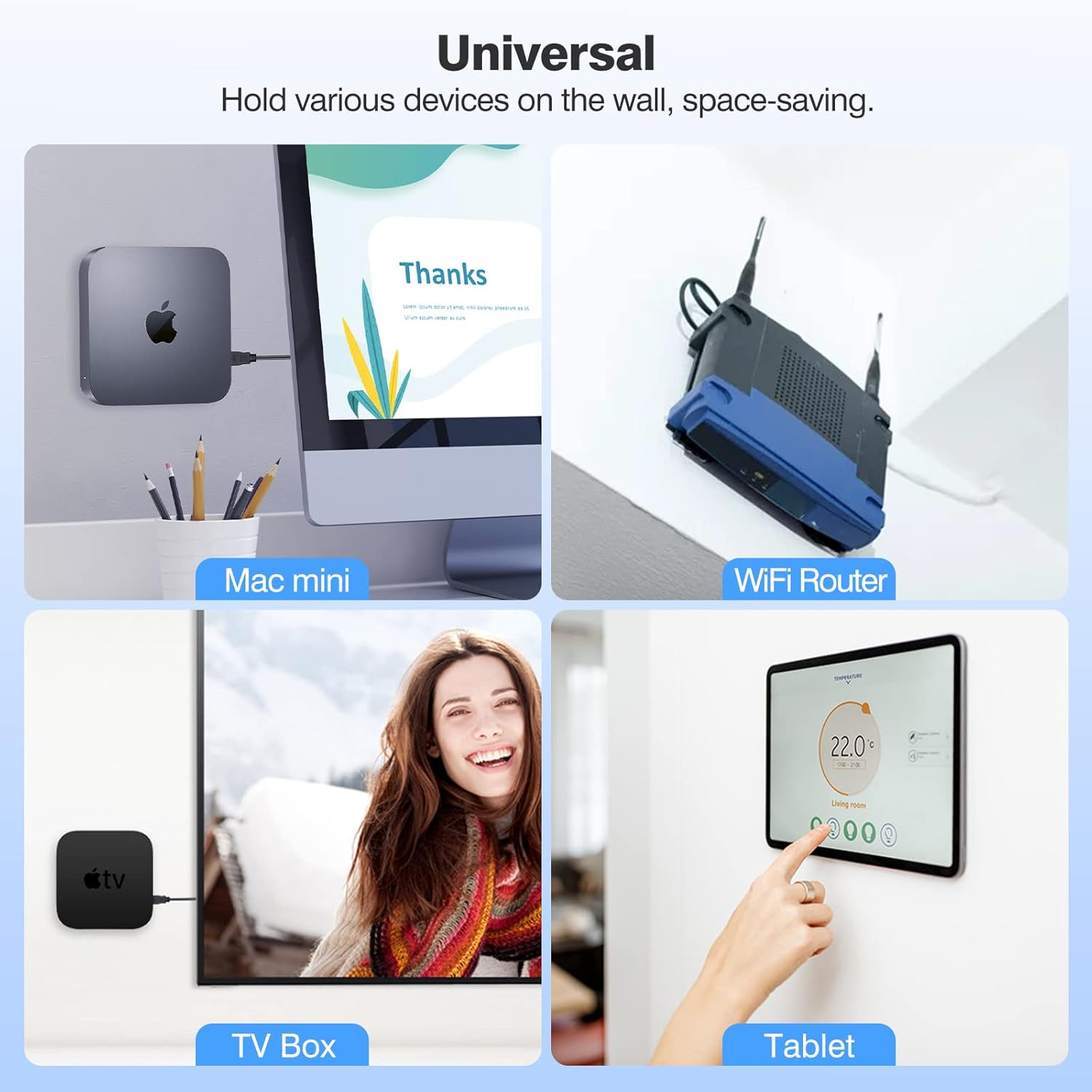 Collage von an Wänden montierten Geräten: Mac mini, WLAN-Router, TV-Box und Tablet.